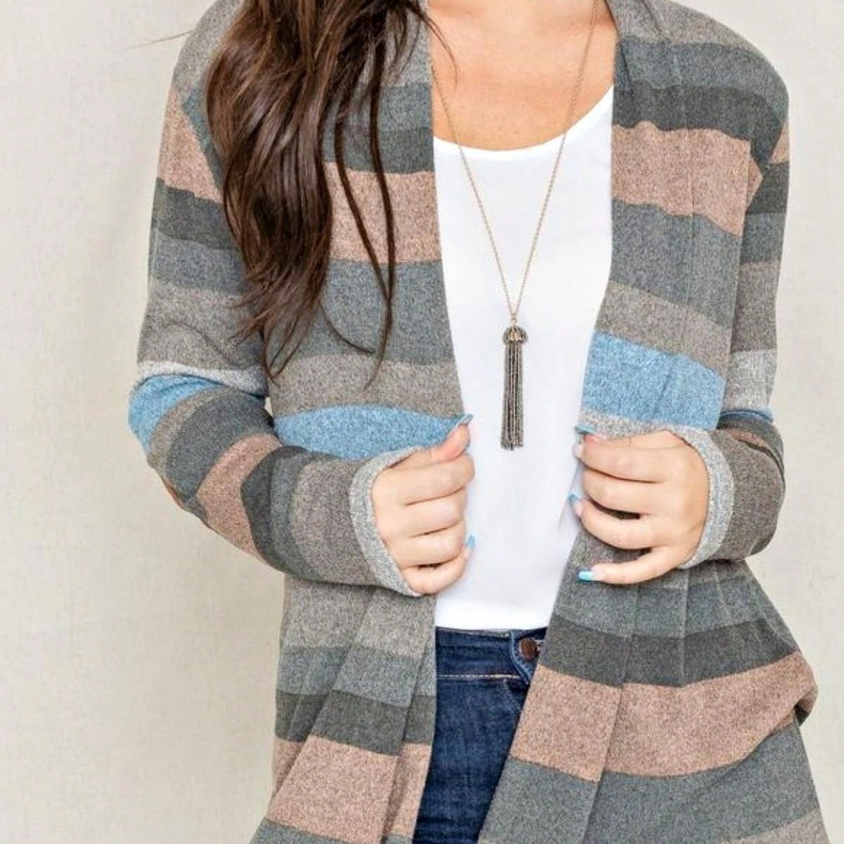 Boho Vintage 90's Plaid Stripe Tie Dye  Elbow Patch 60's Classic Slouch Cardigan With Pocket