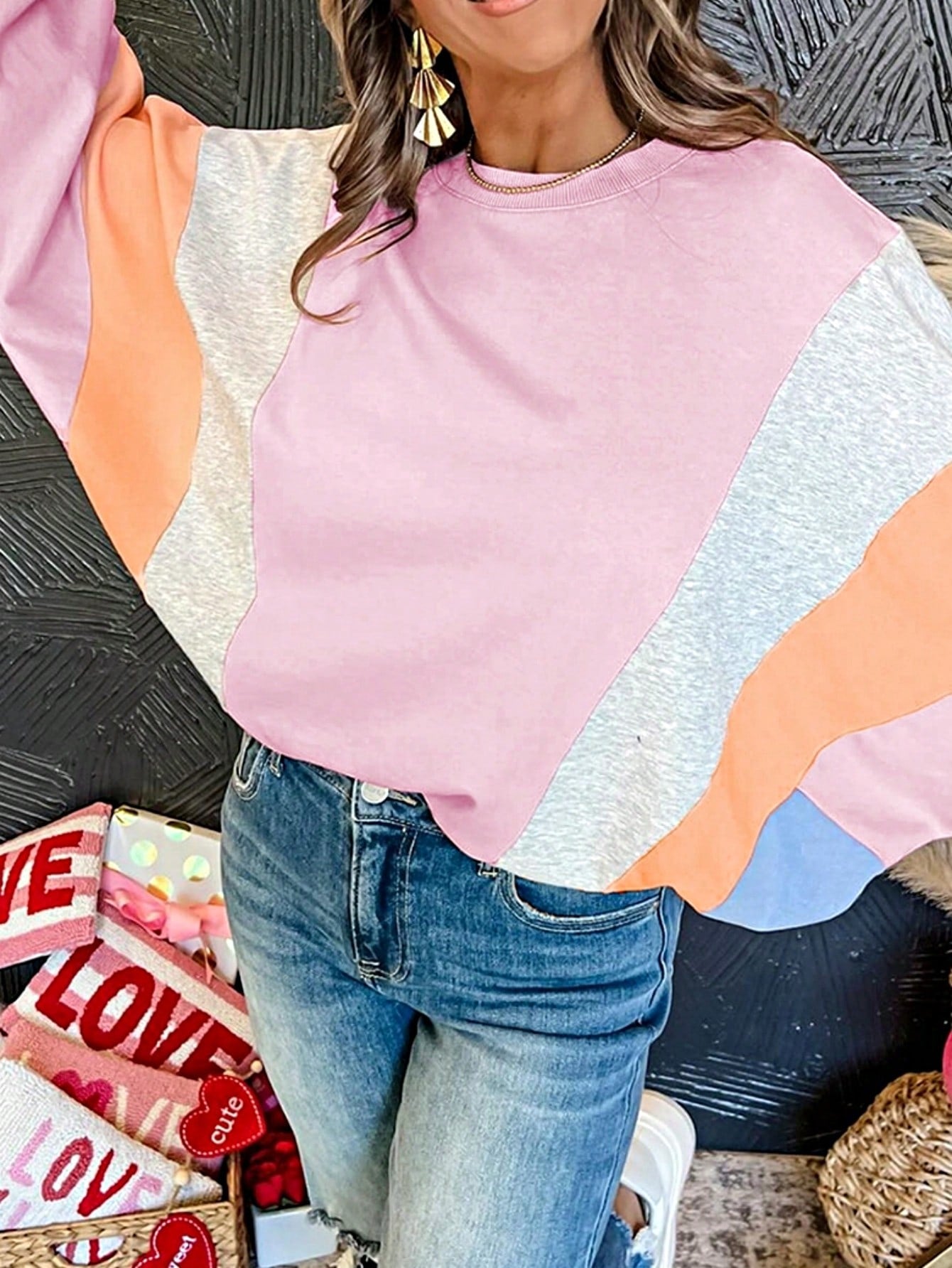 Boho Retro Cream Beige Vintage 90's Star Jean Patch Cotton Mix Long Sleeve Top Pull Over Dolman Sleeve Sweatshirt Pullover