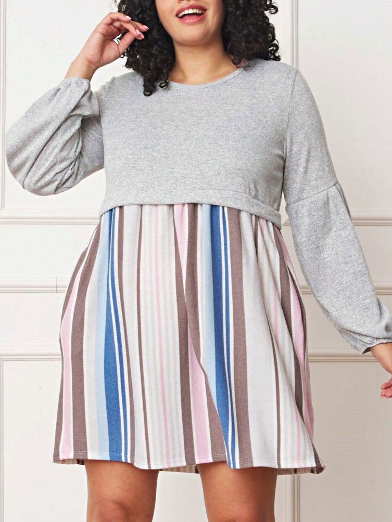 Boho Retro 70's 90's  Knit Brushed Ruffle Tiered Color Block Stripe Tunic Dress