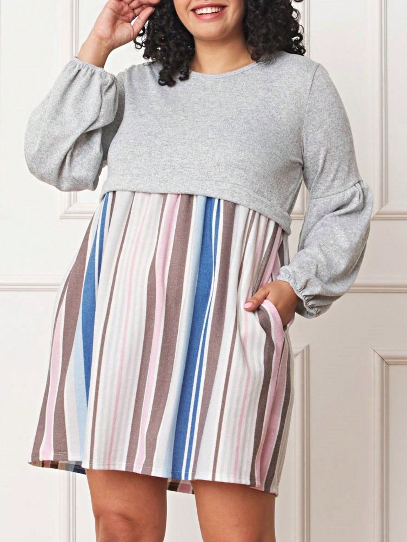 Boho Retro 70's 90's  Knit Brushed Ruffle Tiered Color Block Stripe Tunic Dress