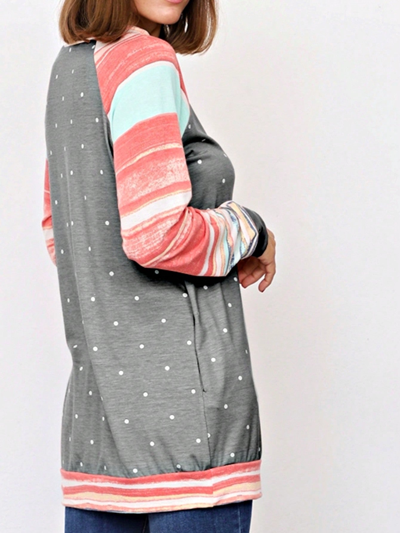 Boho Retro 90's Vintage  Preppy V Stitch  Stripe Knit Contrast Binding Brushed Soft Stripe Raglan Sleeve Tunic Top Pullover