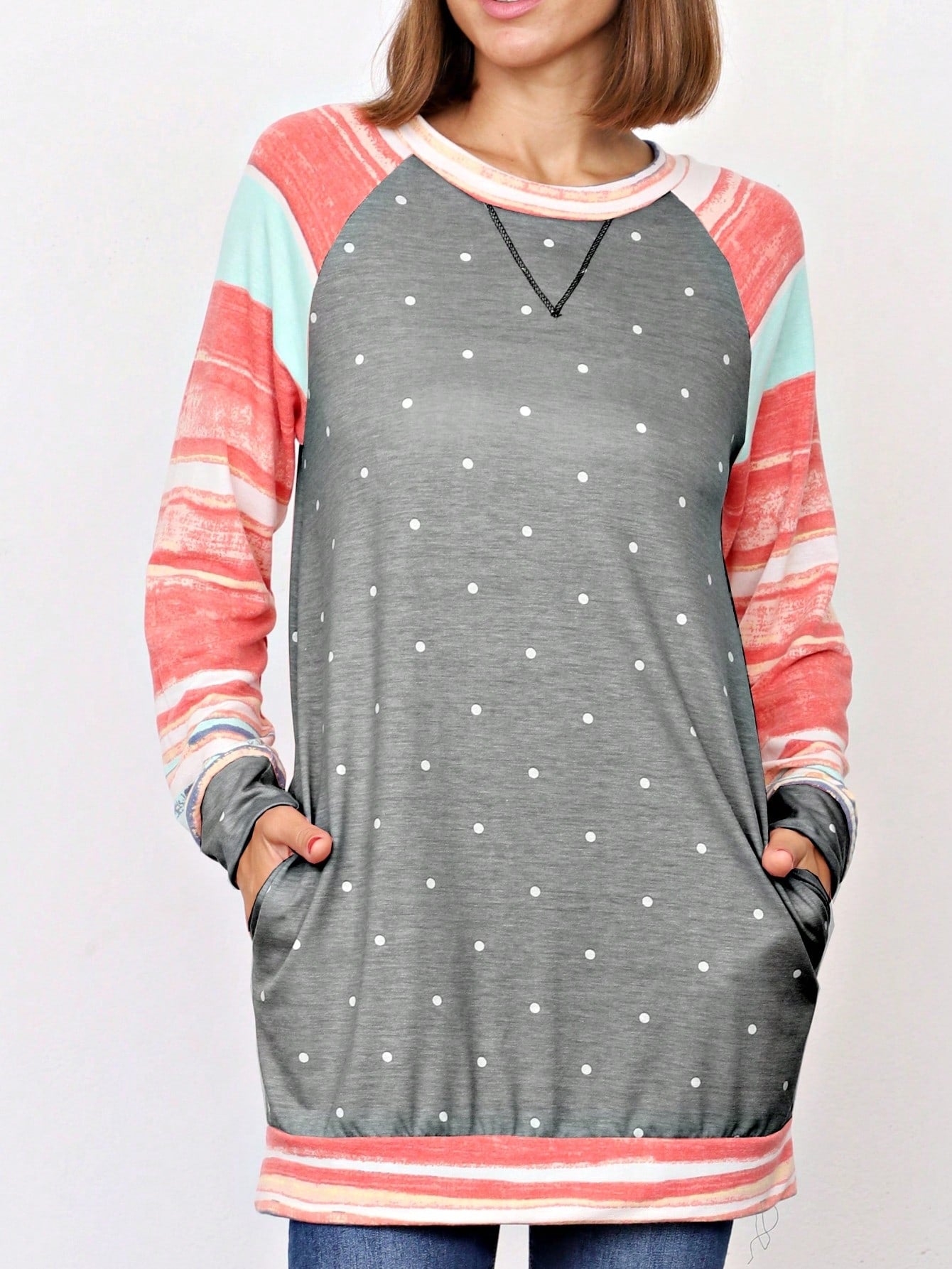 Boho Retro 90's Vintage  Preppy V Stitch  Stripe Knit Contrast Binding Brushed Soft Stripe Raglan Sleeve Tunic Top Pullover
