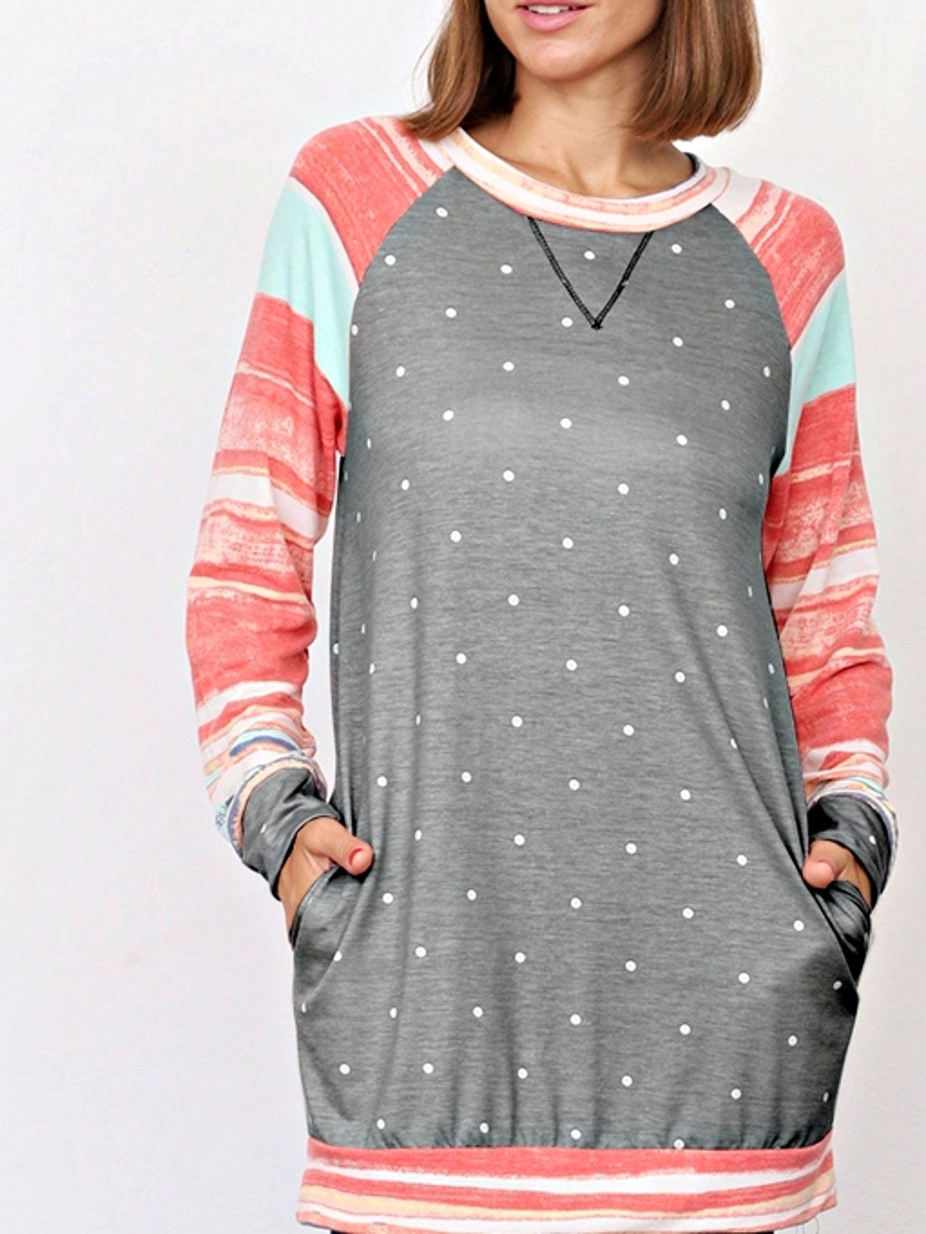 Boho Retro 90's Vintage  Preppy V Stitch  Stripe Knit Contrast Binding Brushed Soft Stripe Raglan Sleeve Tunic Top Pullover