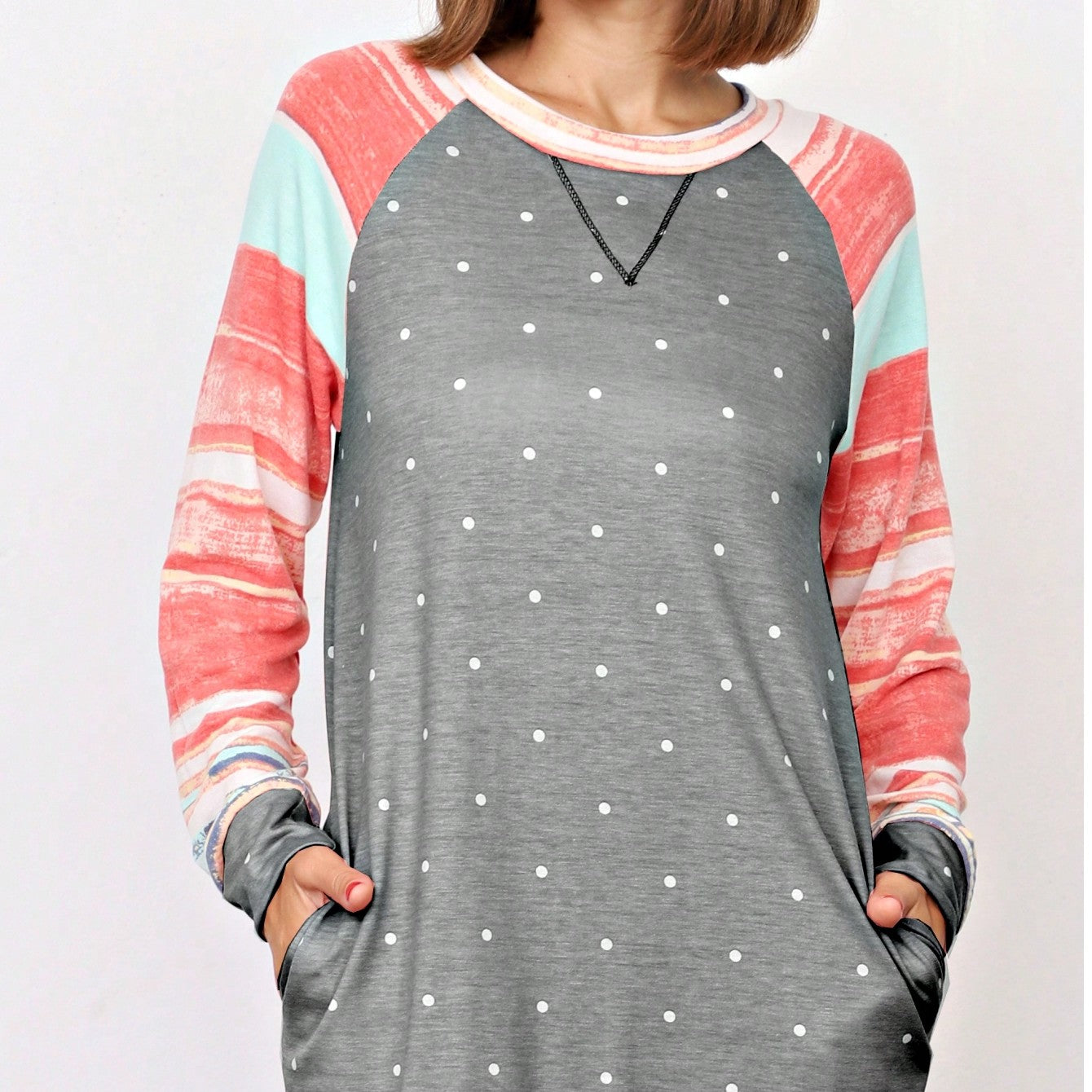 Boho Retro 90's Vintage  Preppy V Stitch  Stripe Knit Contrast Binding Brushed Soft Stripe Raglan Sleeve Tunic Top Pullover