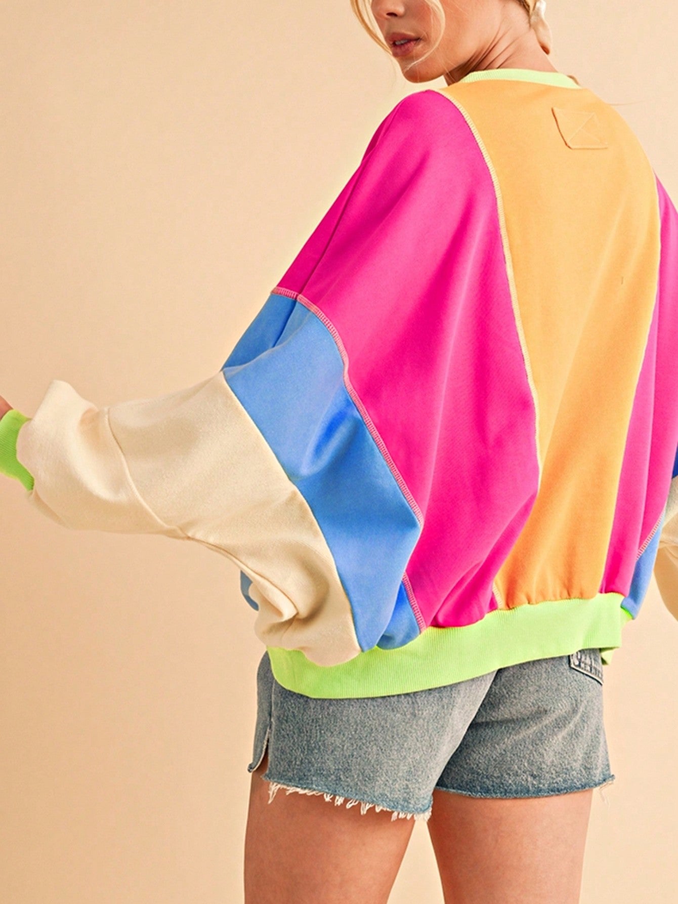 Boho Retro Cream Beige Vintage 90's Star Jean Patch Cotton Mix Long Sleeve Top Pull Over Dolman Sleeve Sweatshirt Pullover