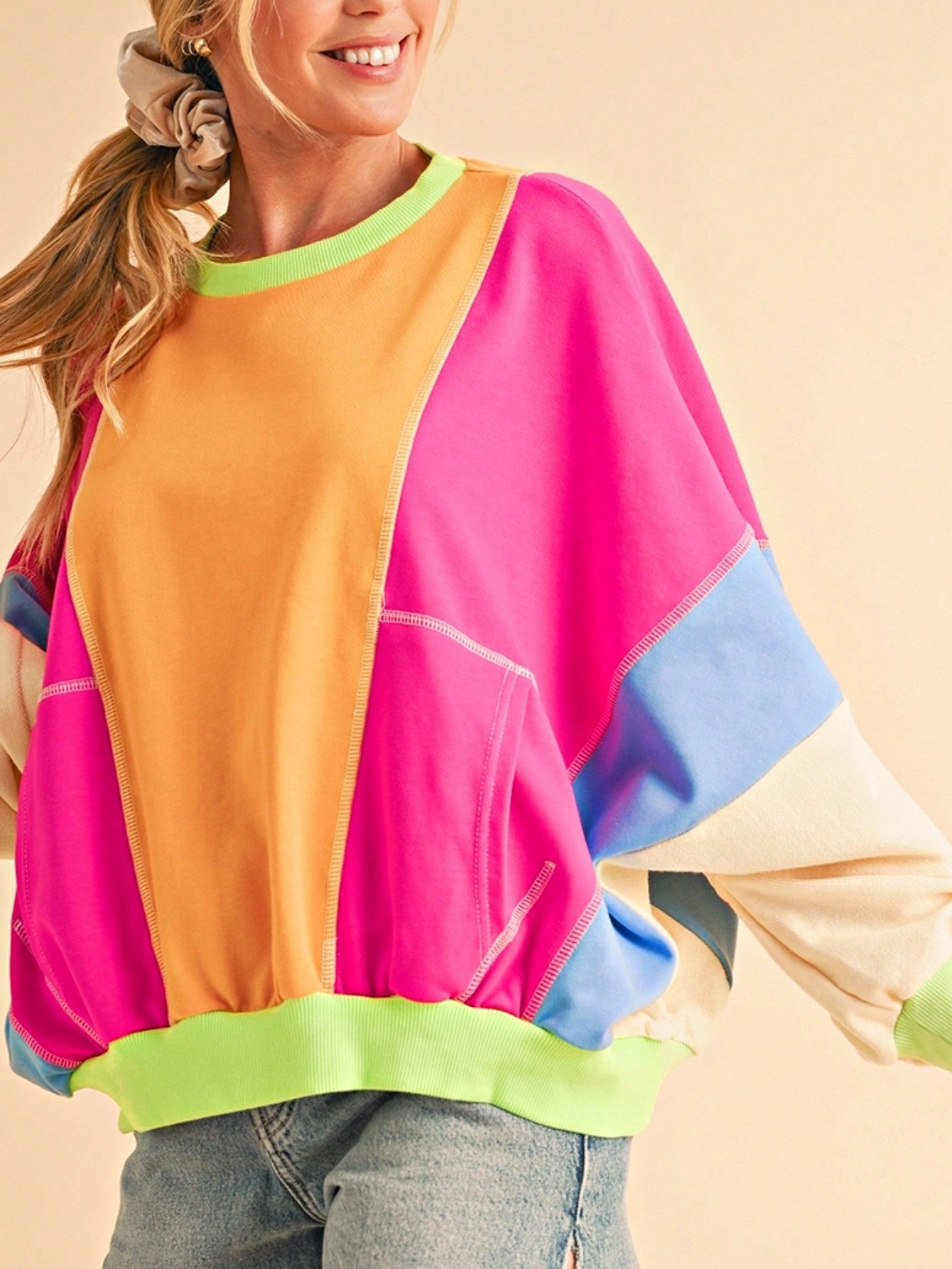 Boho Retro Cream Beige Vintage 90's Star Jean Patch Cotton Mix Long Sleeve Top Pull Over Dolman Sleeve Sweatshirt Pullover