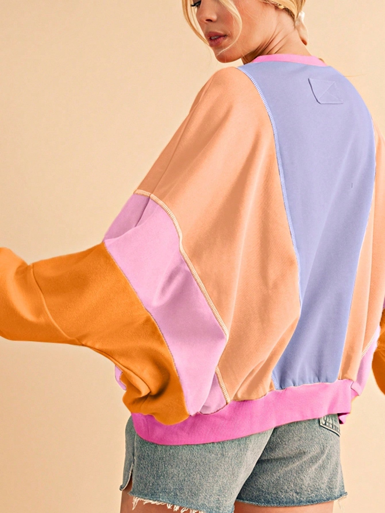 Boho Retro Cream Beige Vintage 90's Star Jean Patch Cotton Mix Long Sleeve Top Pull Over Dolman Sleeve Sweatshirt Pullover