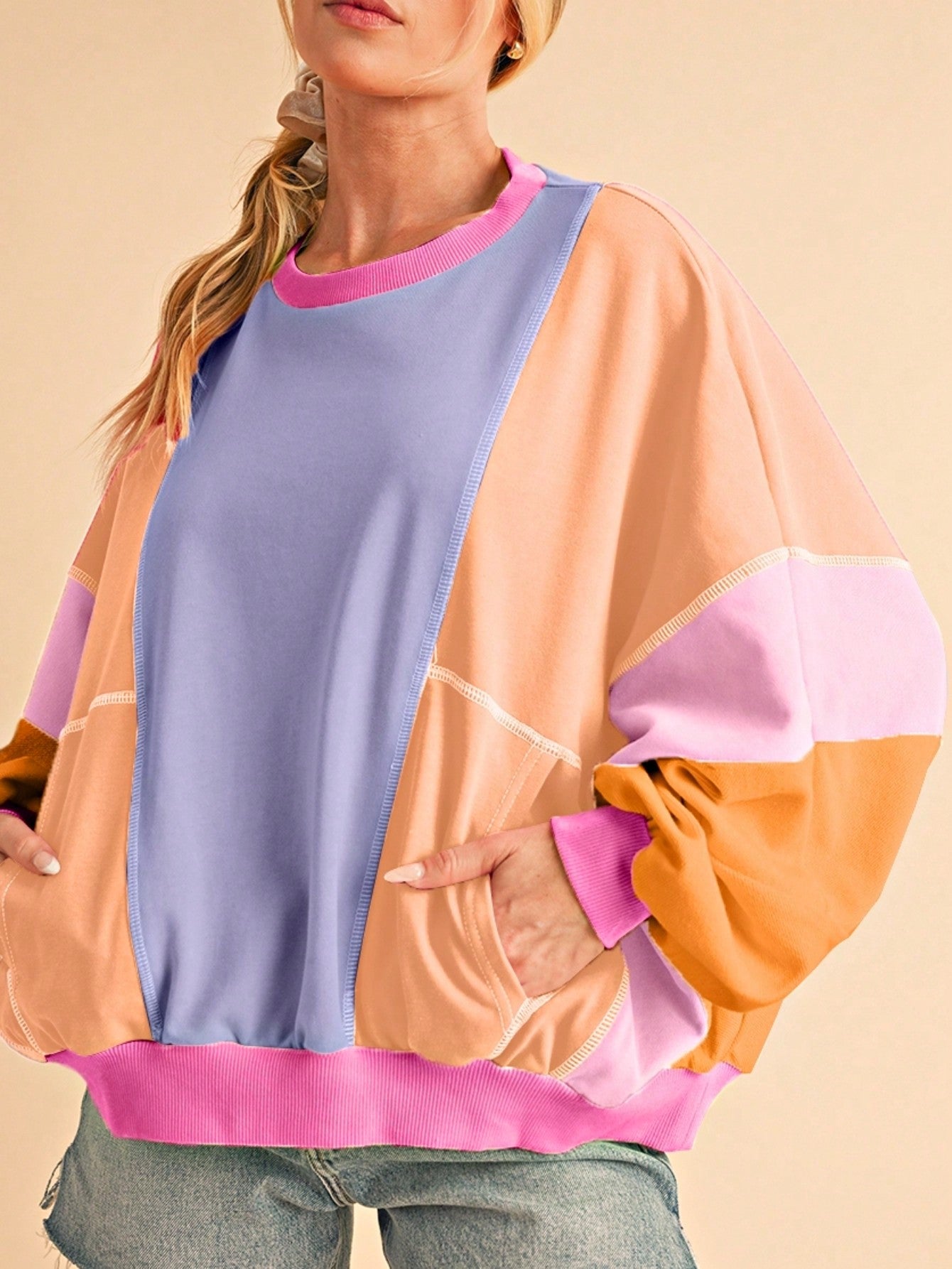 Boho Retro Cream Beige Vintage 90's Star Jean Patch Cotton Mix Long Sleeve Top Pull Over Dolman Sleeve Sweatshirt Pullover