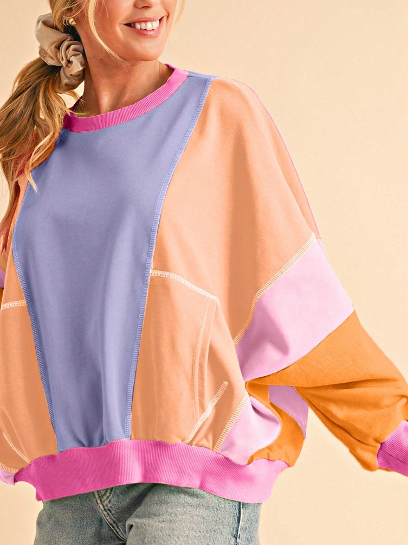 Boho Retro Cream Beige Vintage 90's Star Jean Patch Cotton Mix Long Sleeve Top Pull Over Dolman Sleeve Sweatshirt Pullover