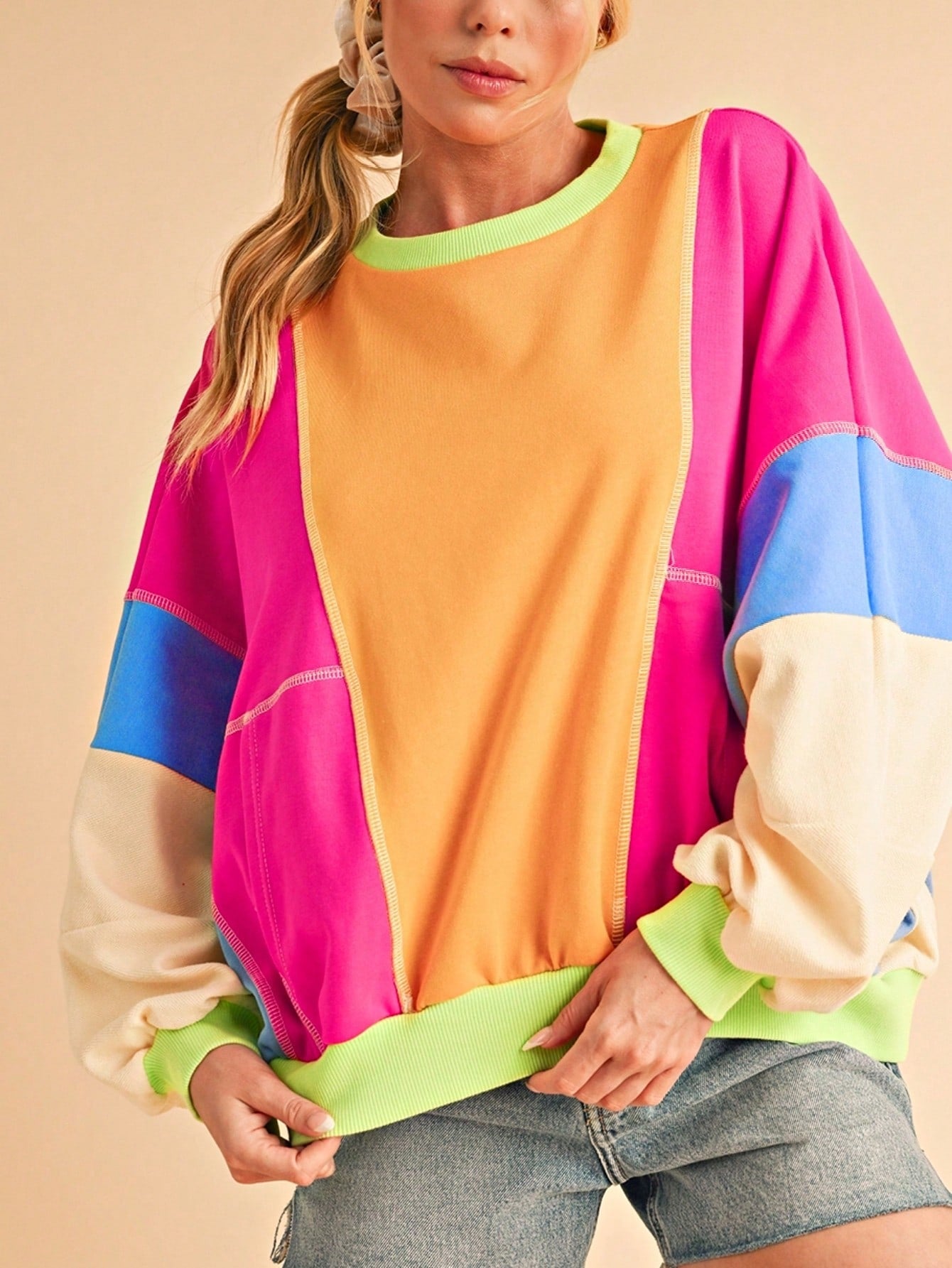 Boho Retro Cream Beige Vintage 90's Star Jean Patch Cotton Mix Long Sleeve Top Pull Over Dolman Sleeve Sweatshirt Pullover