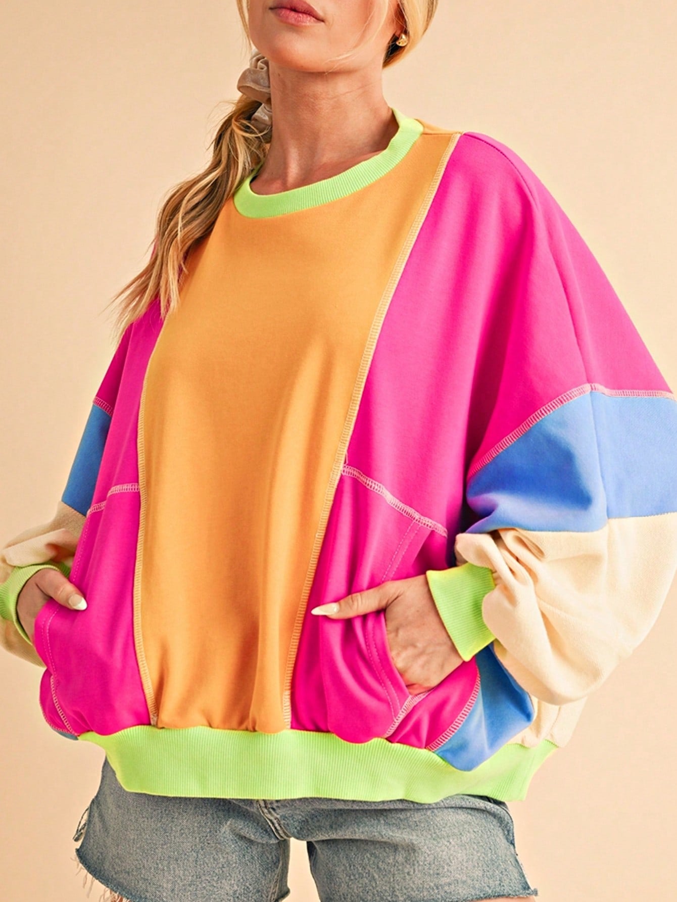 Boho Retro Cream Beige Vintage 90's Star Jean Patch Cotton Mix Long Sleeve Top Pull Over Dolman Sleeve Sweatshirt Pullover