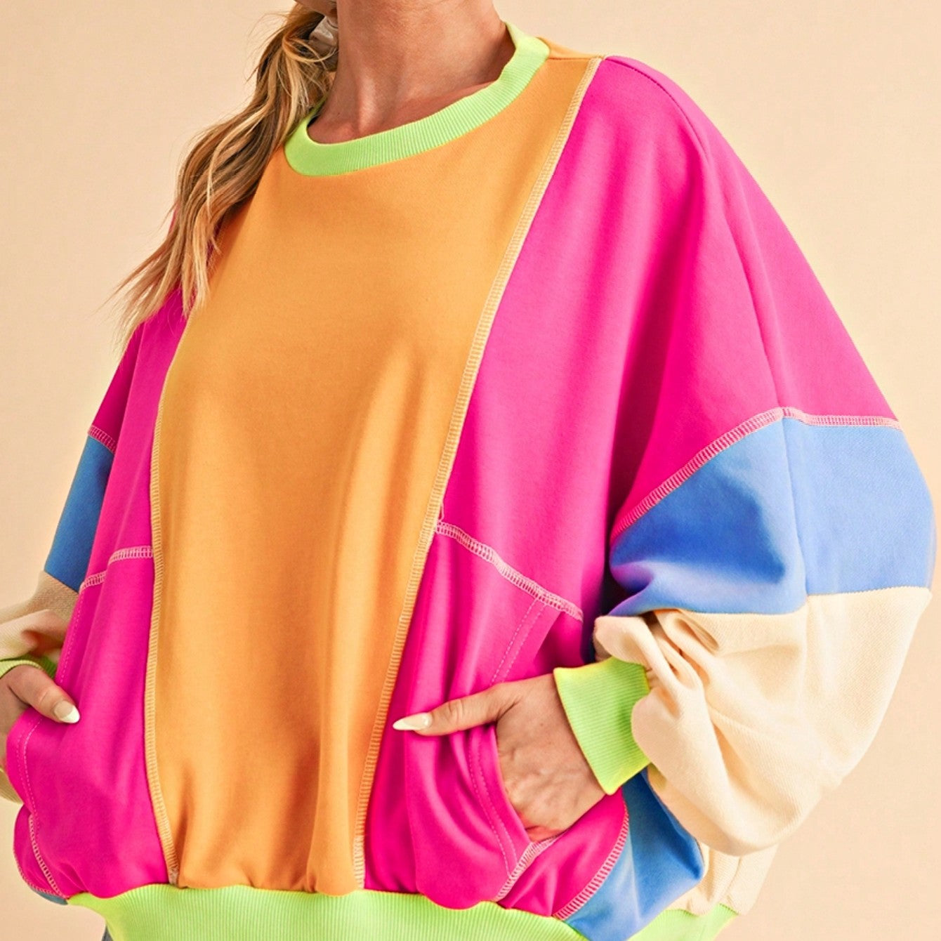 Boho Retro Cream Beige Vintage 90's Star Jean Patch Cotton Mix Long Sleeve Top Pull Over Dolman Sleeve Sweatshirt Pullover