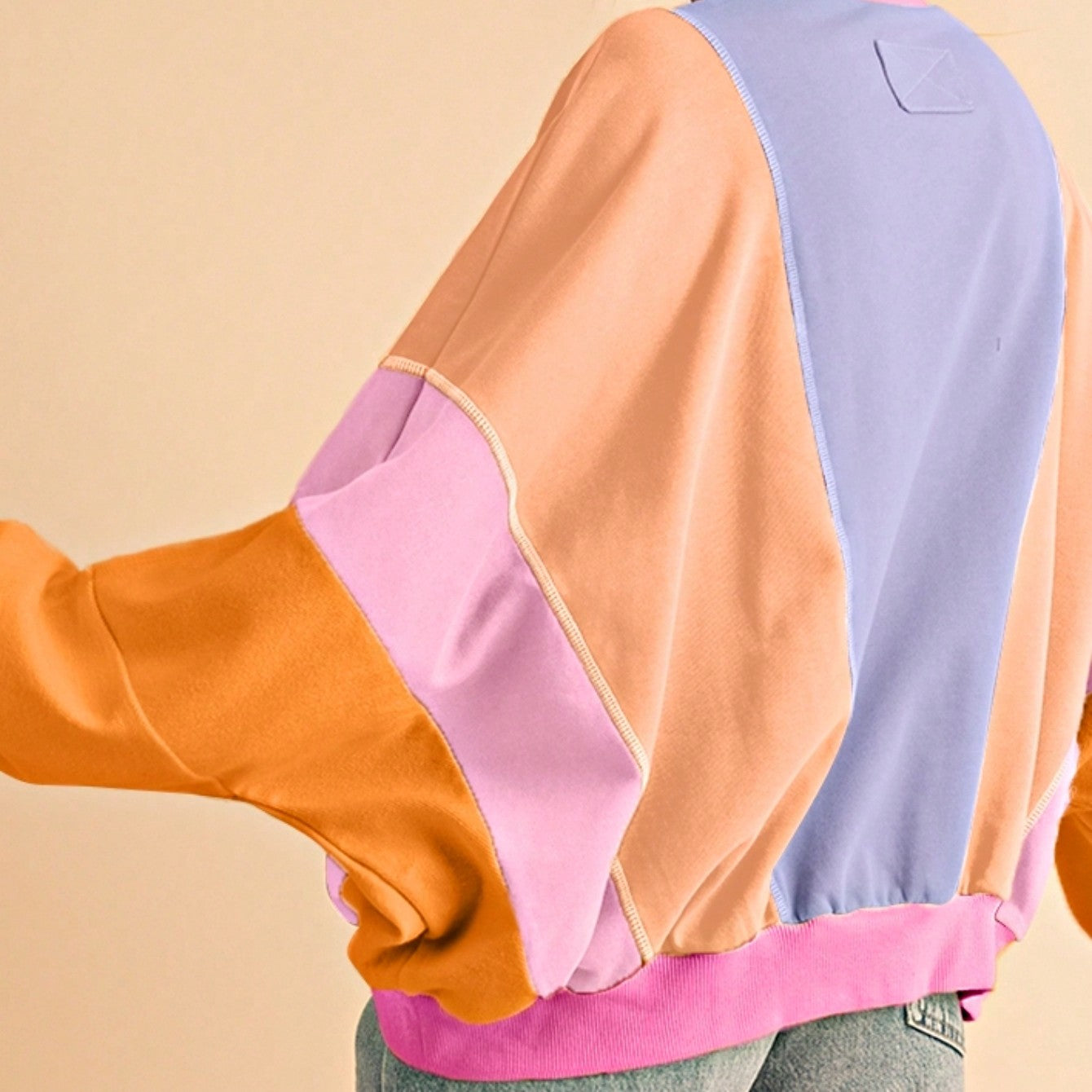 Boho Retro Cream Beige Vintage 90's Star Jean Patch Cotton Mix Long Sleeve Top Pull Over Dolman Sleeve Sweatshirt Pullover