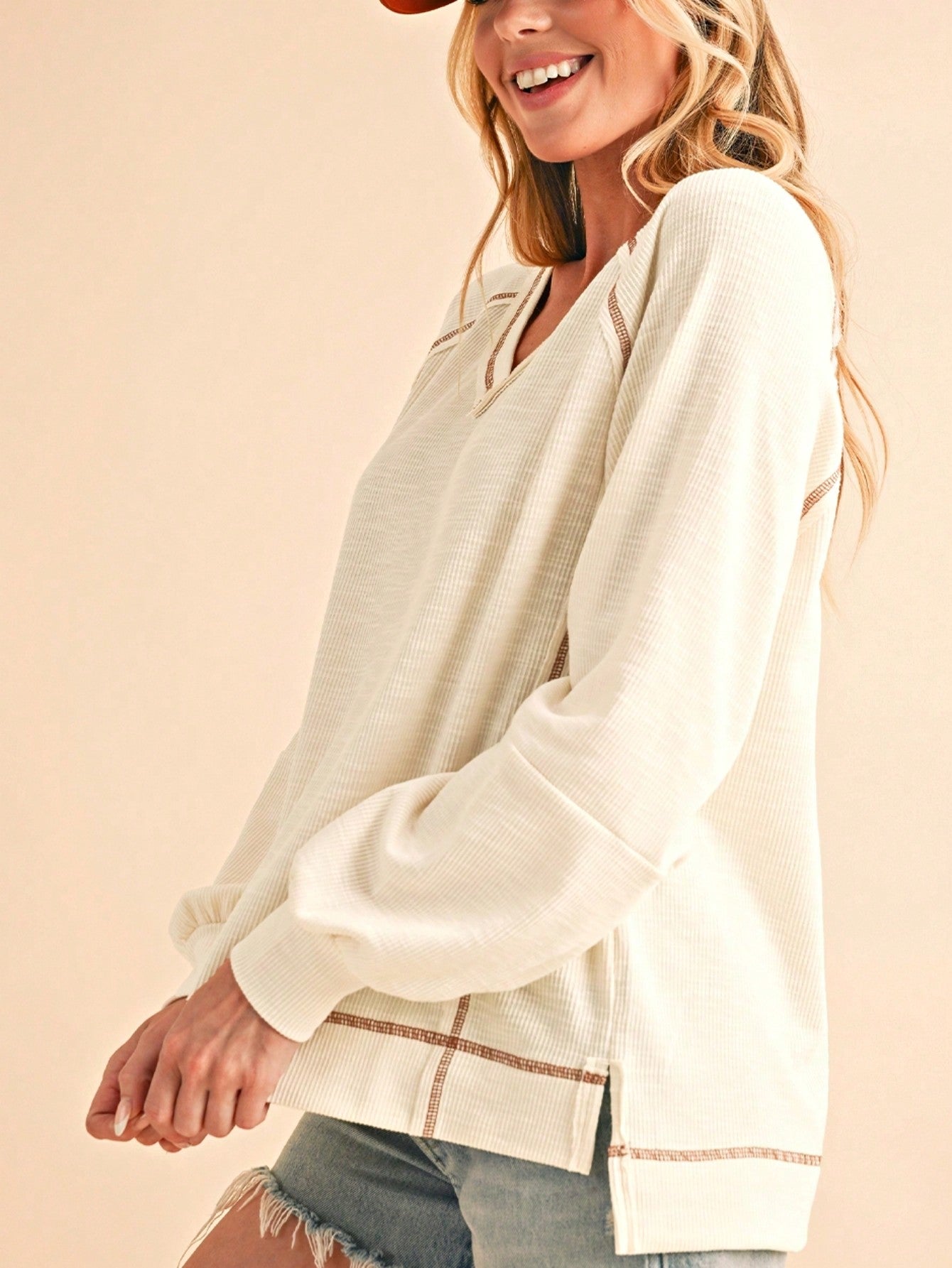 Boho Retro Vintage 90's Cotton Vanilla Beige Button Waffle Patchwork Long Pocket Sleeve Henley Knit Top Sweat Shirt Pullover