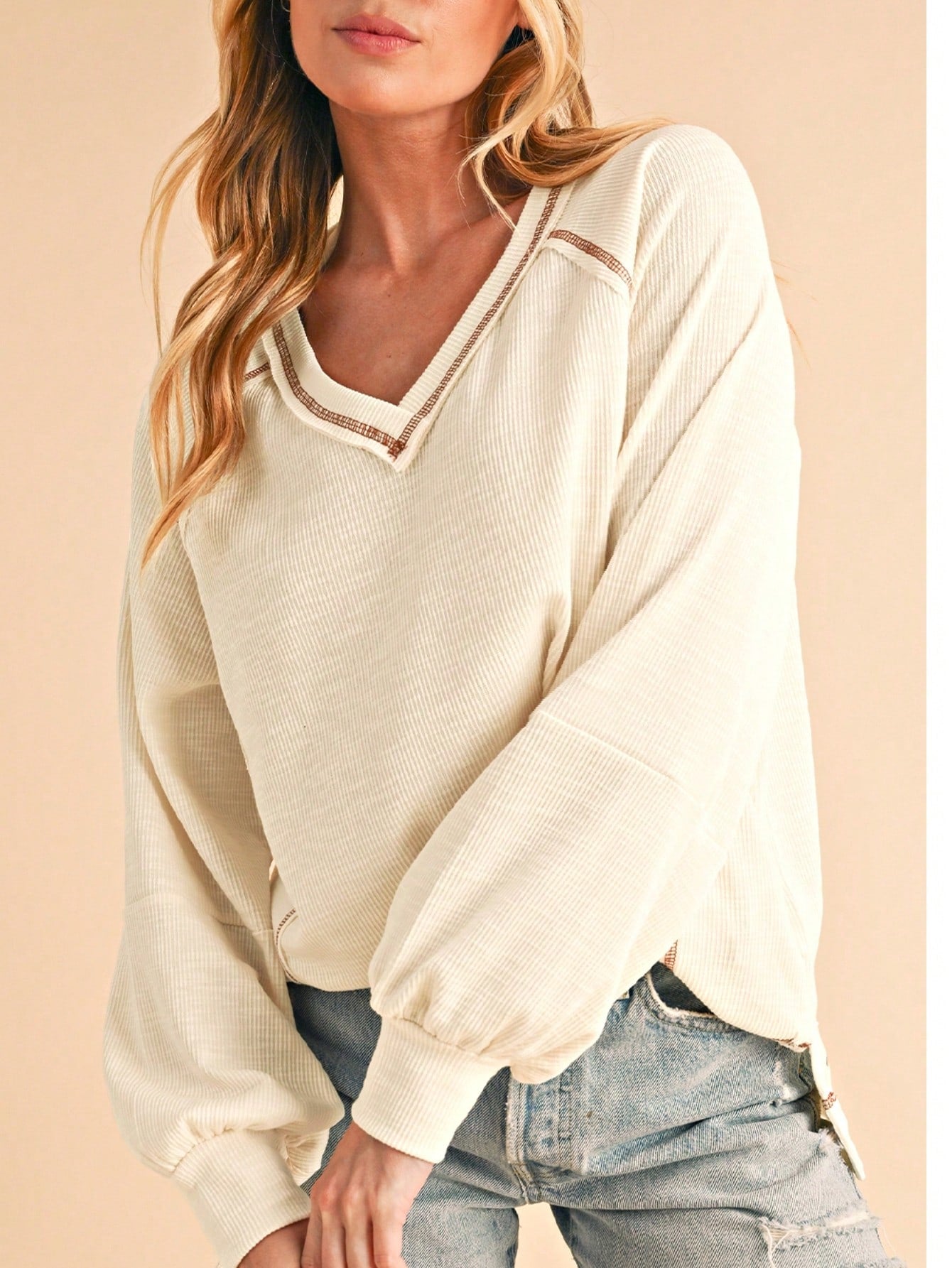 Boho Retro Vintage 90's Cotton Vanilla Beige Button Waffle Patchwork Long Pocket Sleeve Henley Knit Top Sweat Shirt Pullover