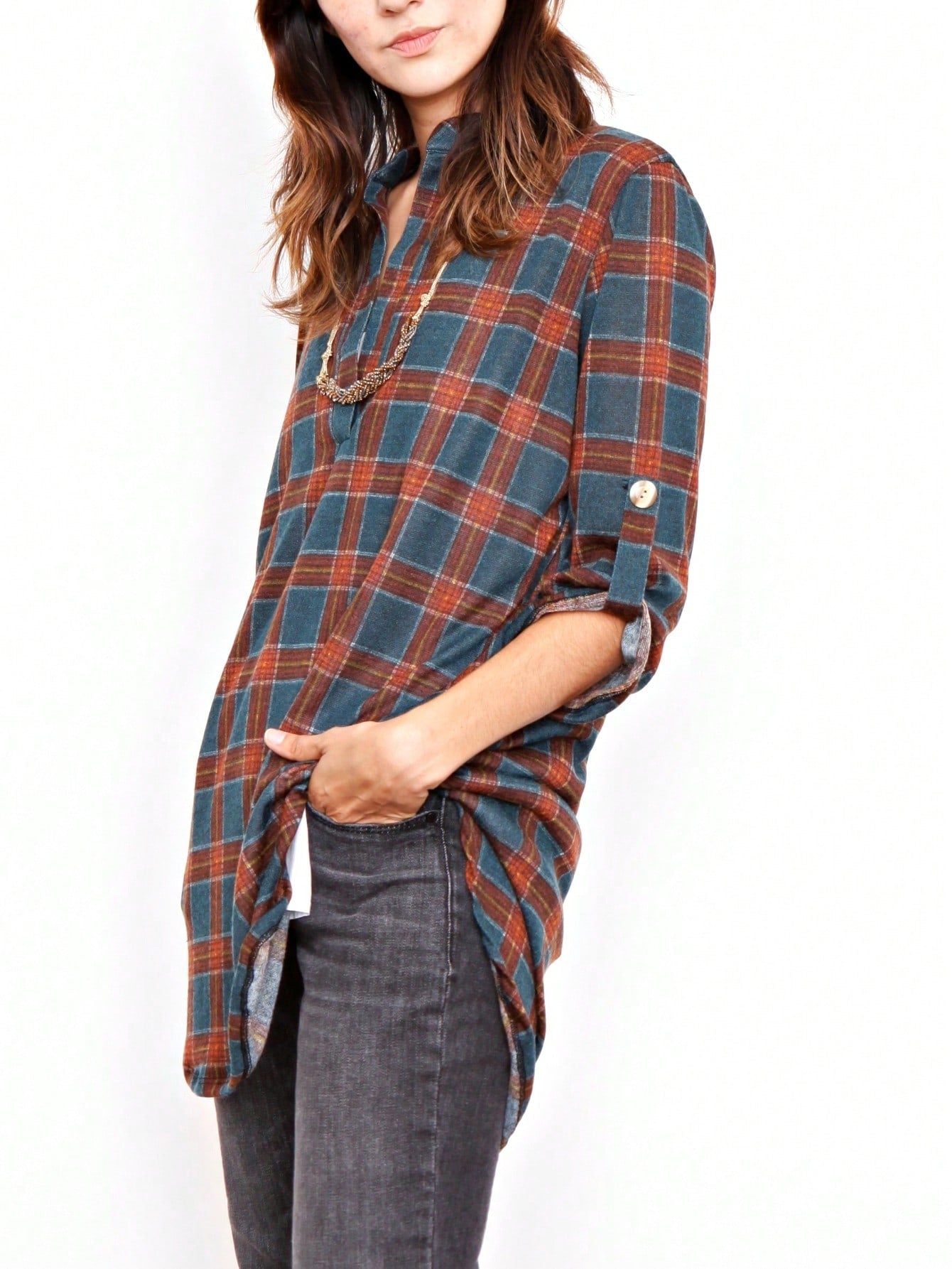 Boho Retro Stripe Plaid  Notch Neck Tab Sleeve  2K Shirt Tunic Shirt