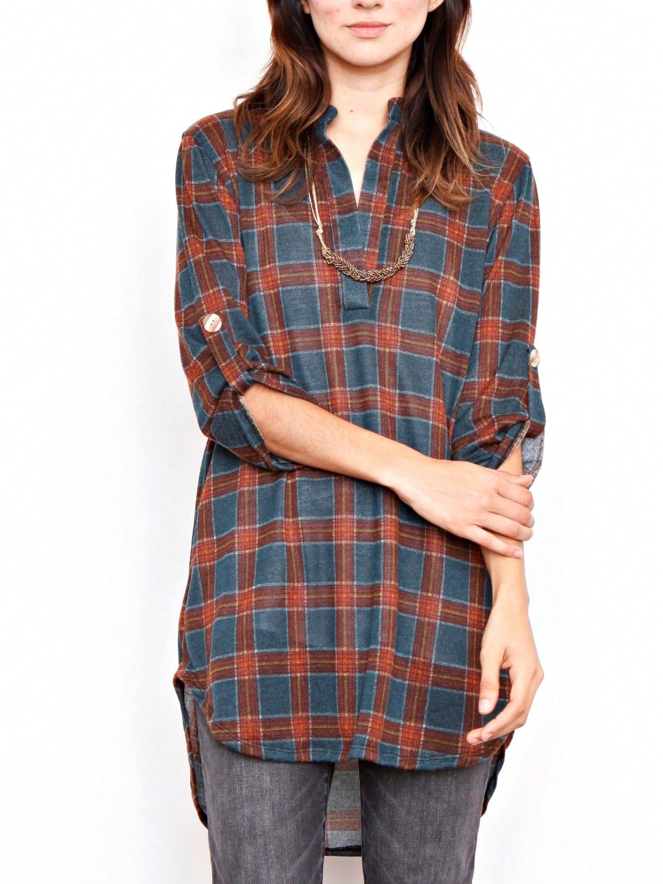 Boho Retro Stripe Plaid  Notch Neck Tab Sleeve  2K Shirt Tunic Shirt