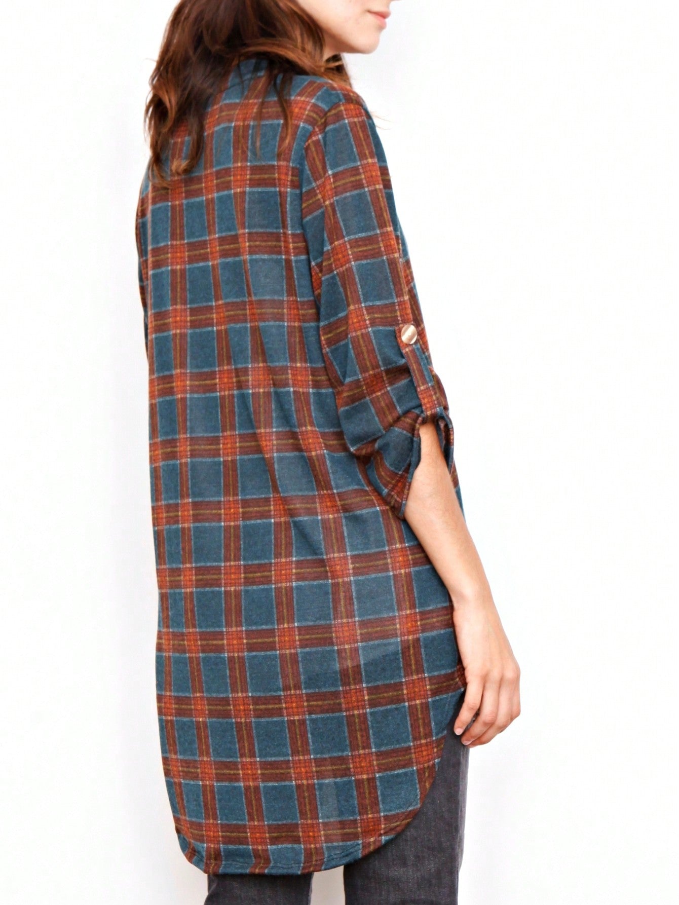 Boho Retro Stripe Plaid  Notch Neck Tab Sleeve  2K Shirt Tunic Shirt