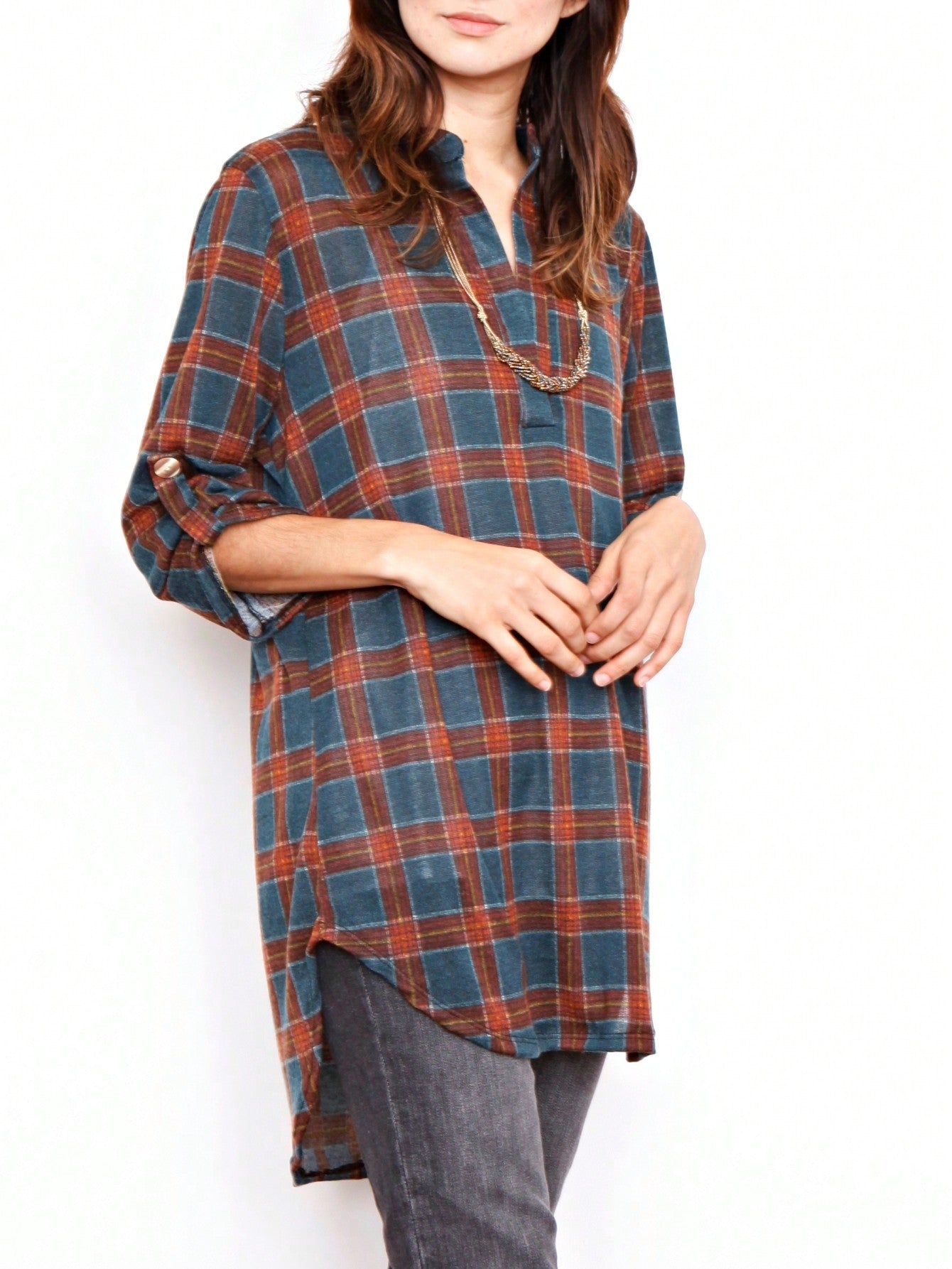 Boho Retro Stripe Plaid  Notch Neck Tab Sleeve  2K Shirt Tunic Shirt