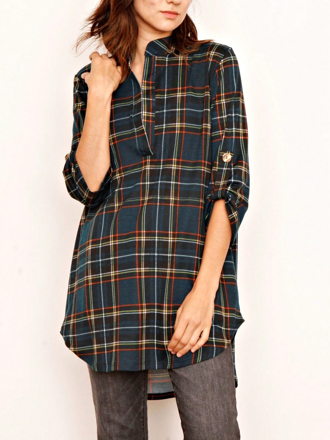 Boho Retro Stripe Plaid  Notch Neck Tab Sleeve  2K Shirt Tunic Shirt