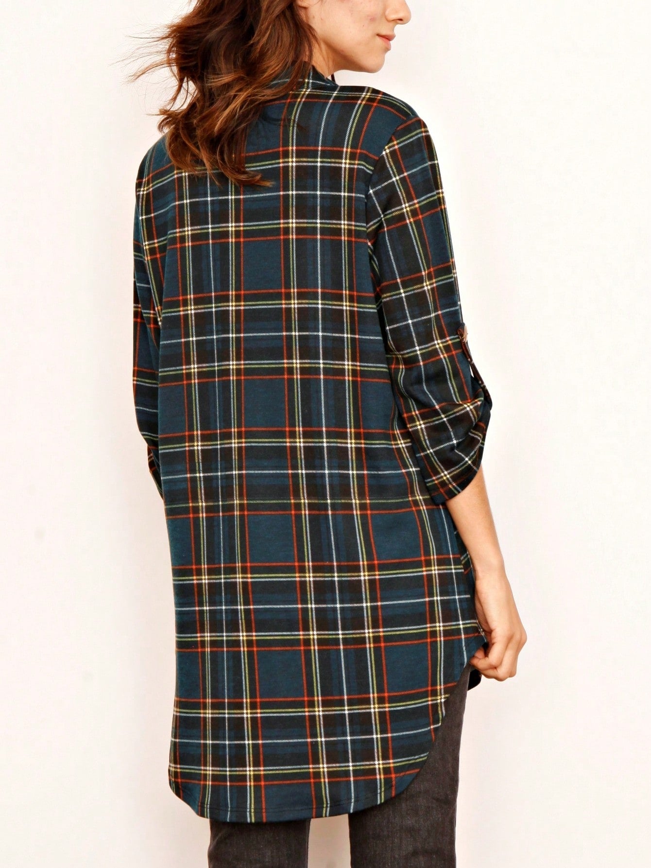 Boho Retro Stripe Plaid  Notch Neck Tab Sleeve  2K Shirt Tunic Shirt