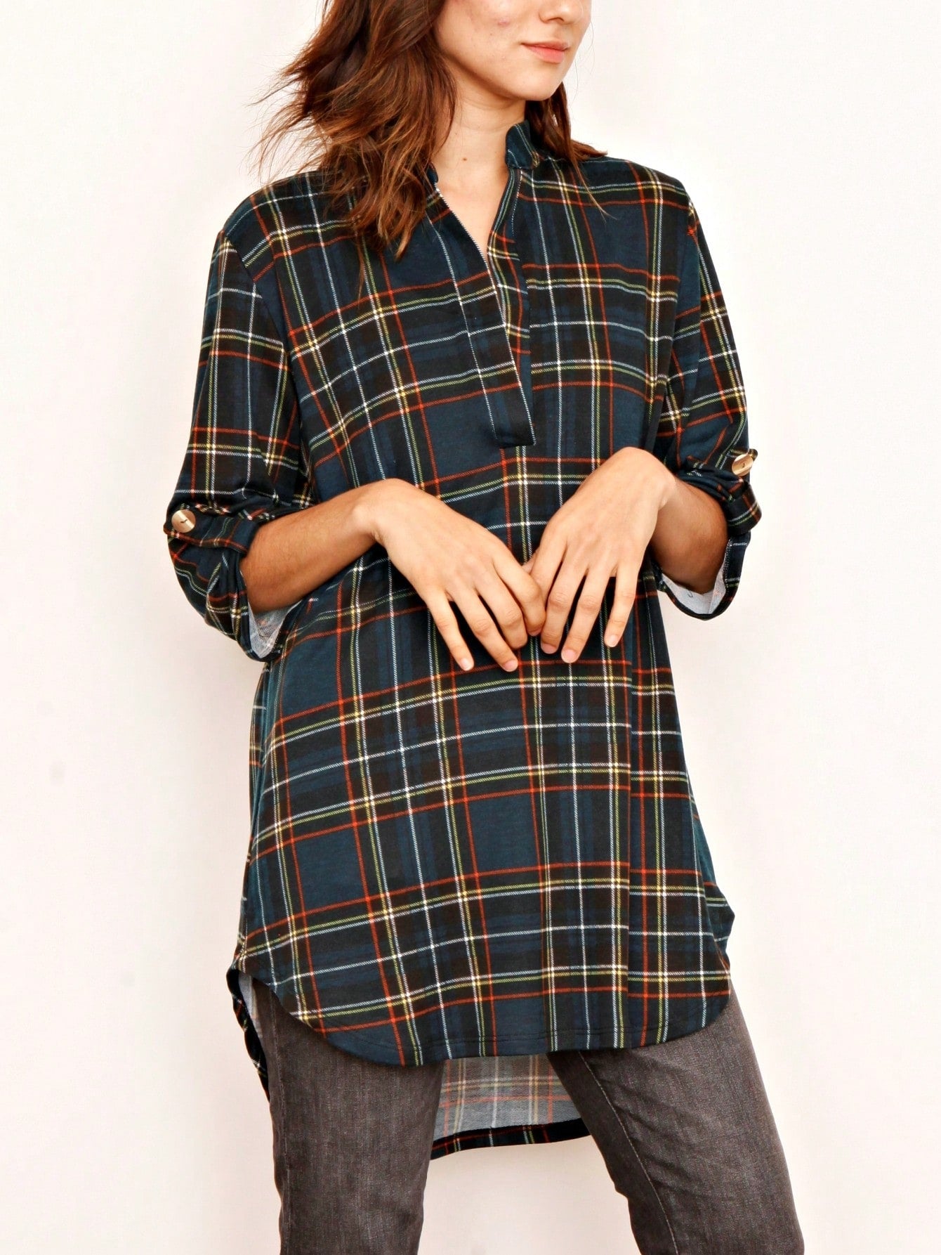 Boho Retro Stripe Plaid  Notch Neck Tab Sleeve  2K Shirt Tunic Shirt