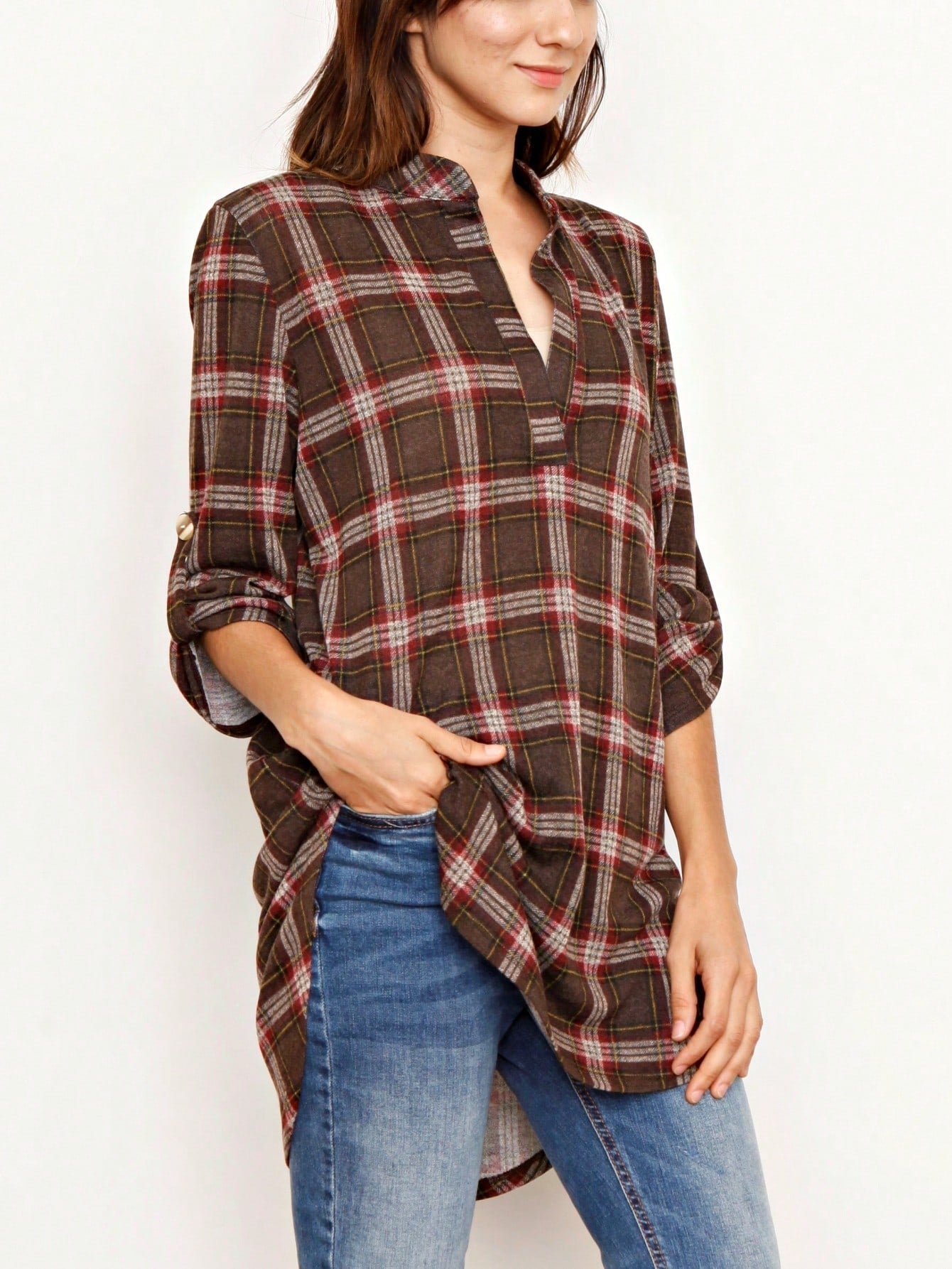 Boho Retro Stripe Plaid  Notch Neck Tab Sleeve  2K Shirt Tunic Shirt