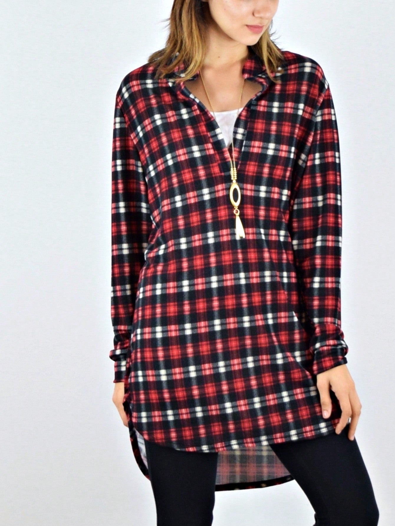 Boho Retro Stripe Plaid  Notch Neck Tab Sleeve  2K Shirt Tunic Shirt