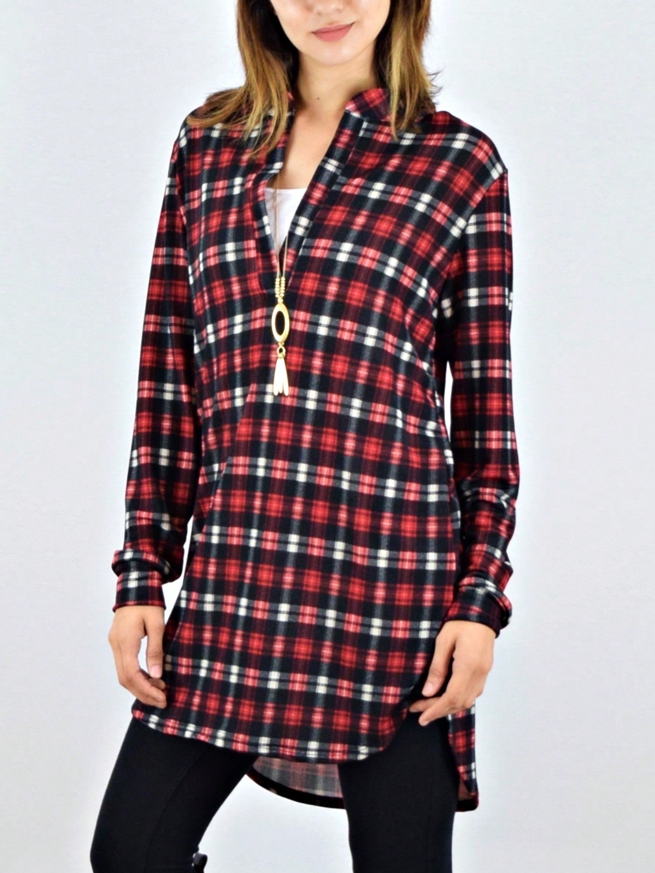 Boho Retro Stripe Plaid  Notch Neck Tab Sleeve  2K Shirt Tunic Shirt