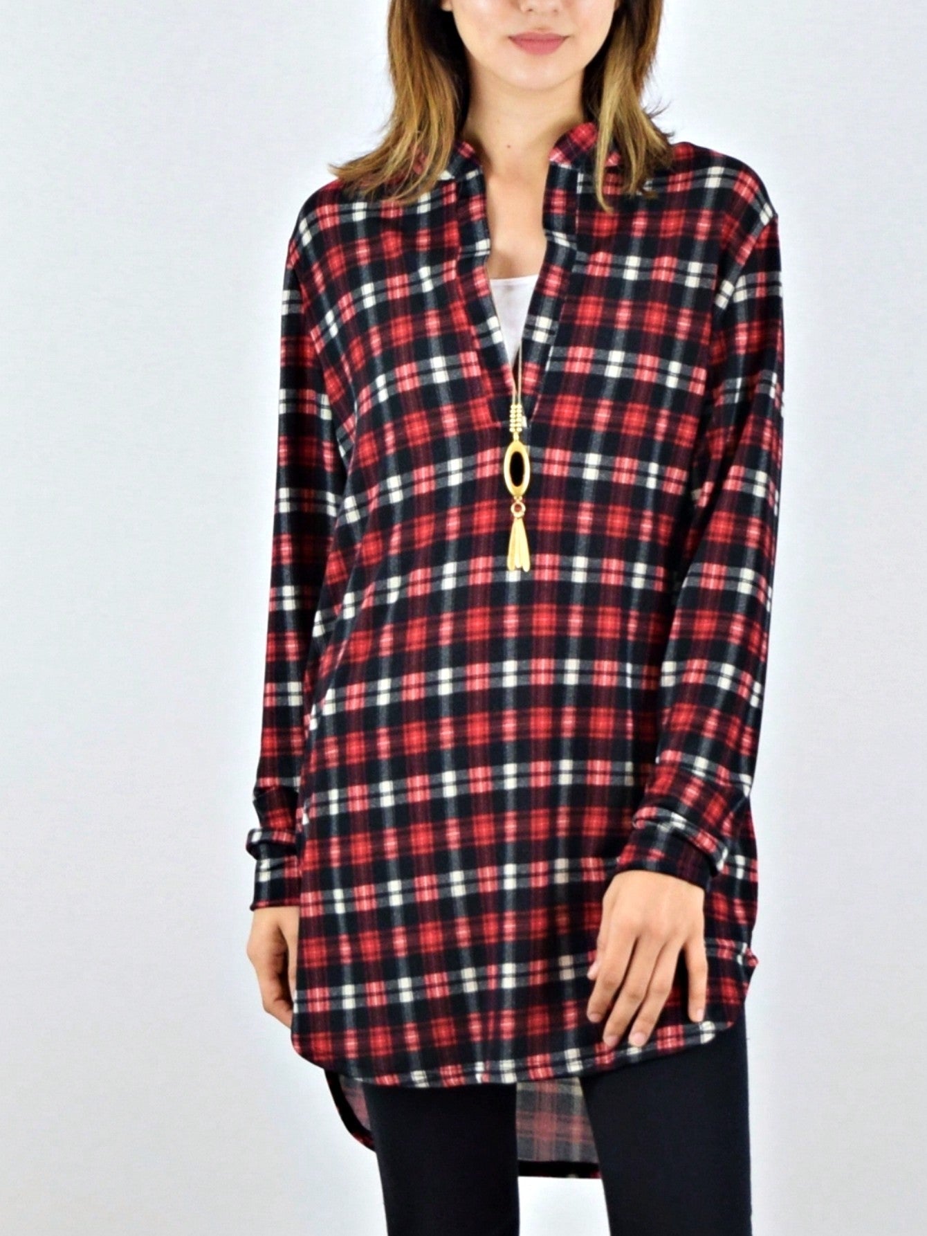 Boho Retro Stripe Plaid  Notch Neck Tab Sleeve  2K Shirt Tunic Shirt