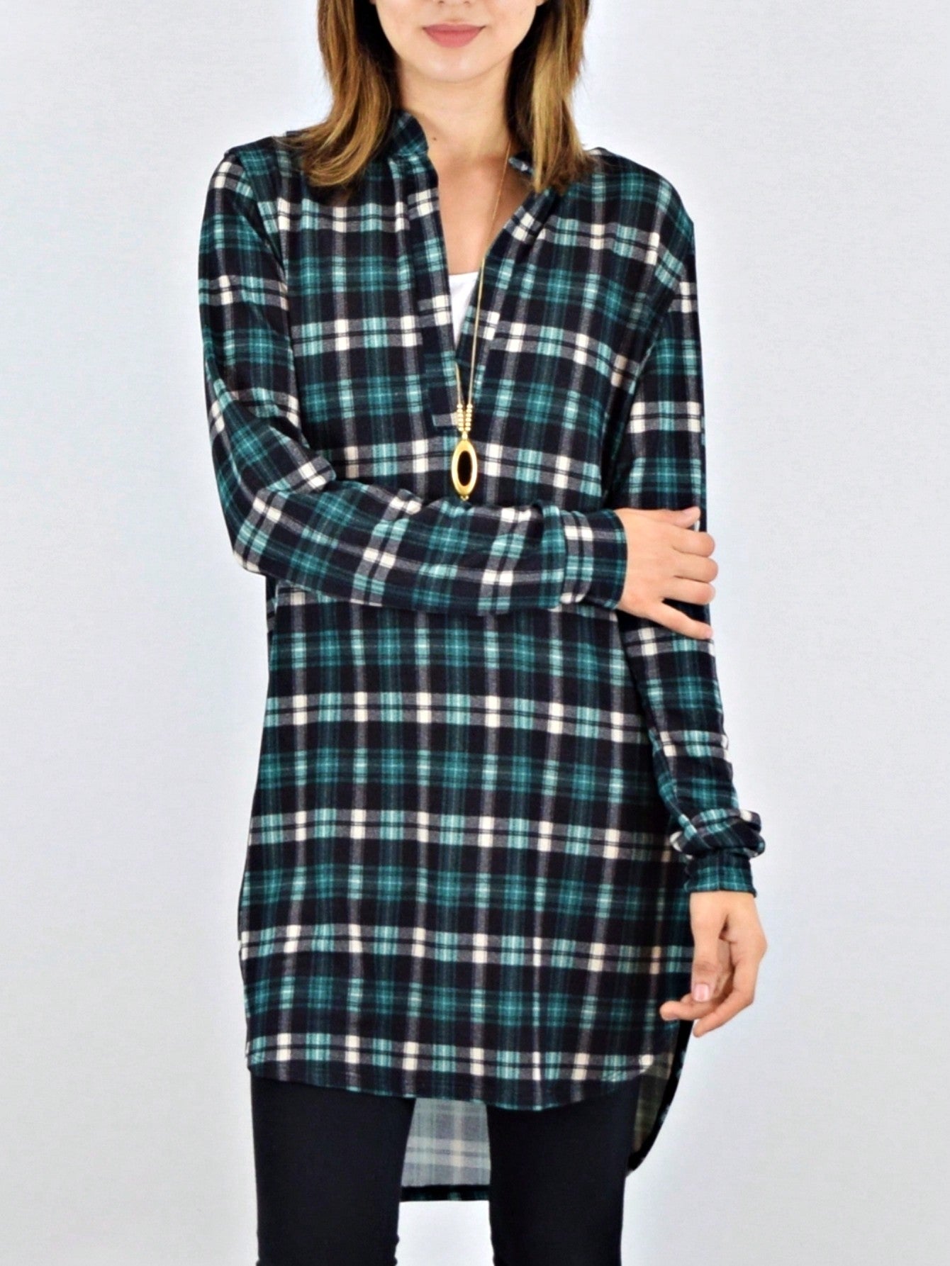 Boho Retro Stripe Plaid  Notch Neck Tab Sleeve  2K Shirt Tunic Shirt