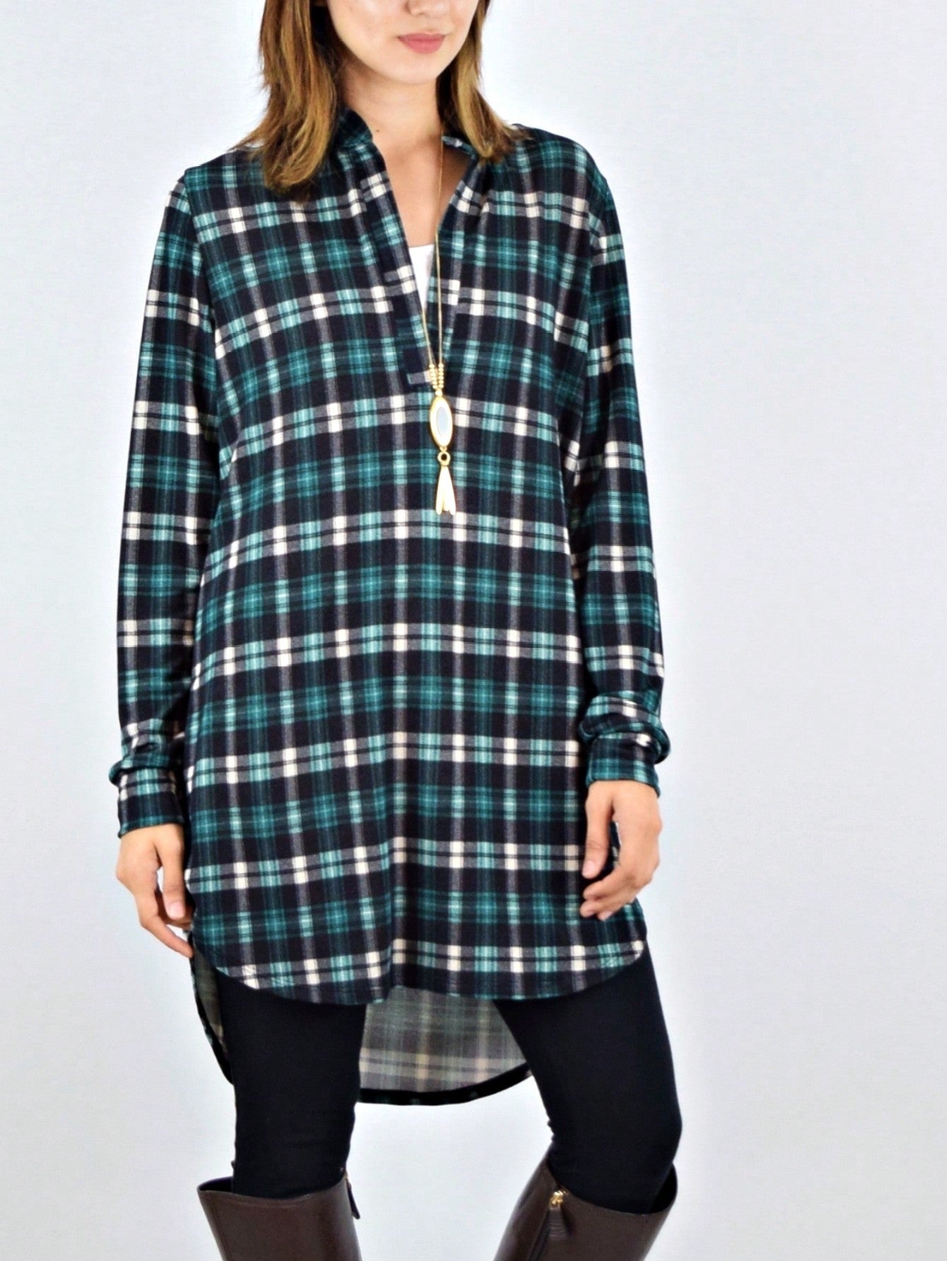 Boho Retro Stripe Plaid  Notch Neck Tab Sleeve  2K Shirt Tunic Shirt