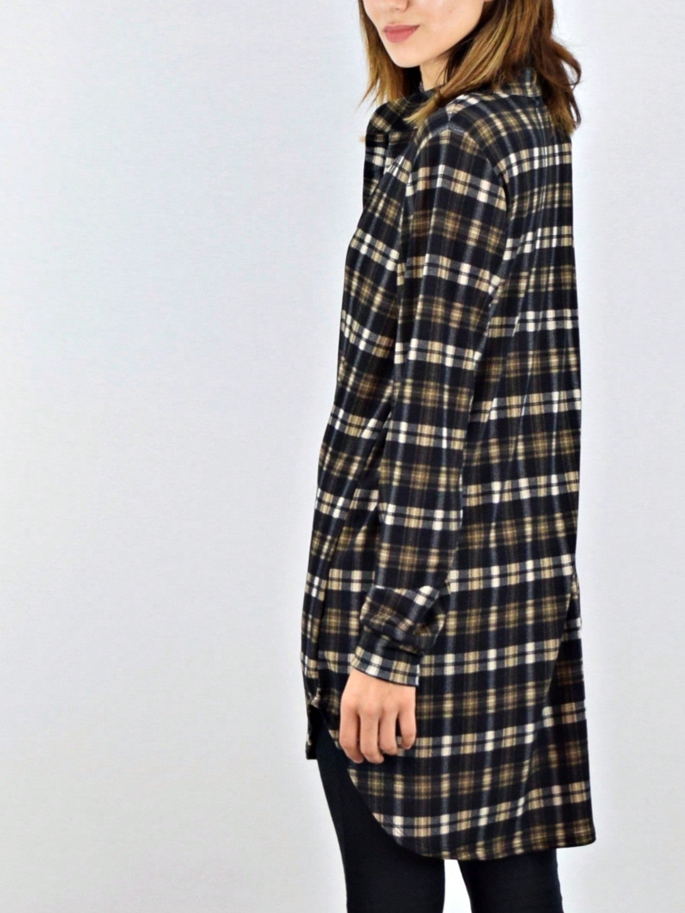 Boho Retro Stripe Plaid  Notch Neck Tab Sleeve  2K Shirt Tunic Shirt