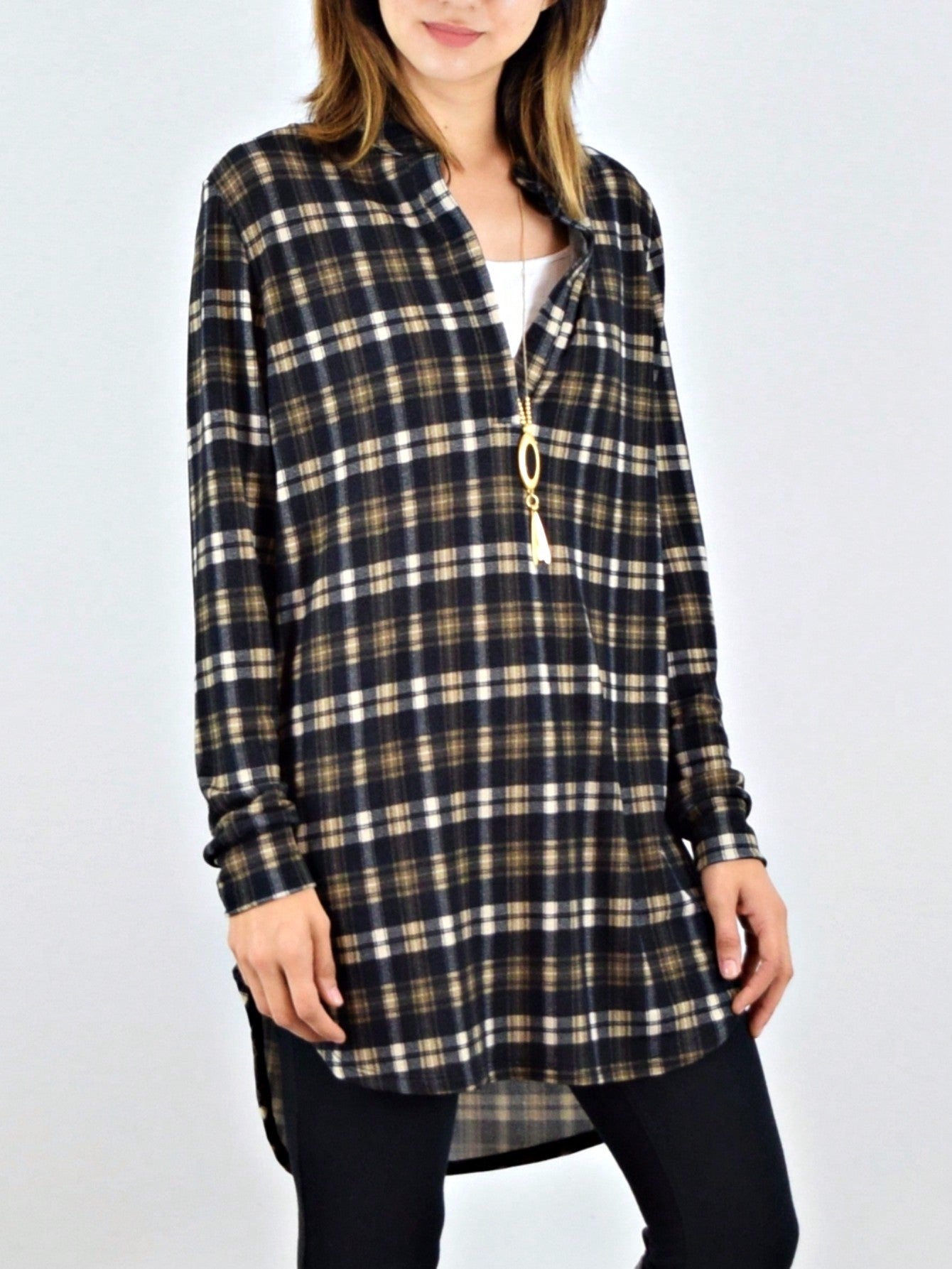 Boho Retro Stripe Plaid  Notch Neck Tab Sleeve  2K Shirt Tunic Shirt