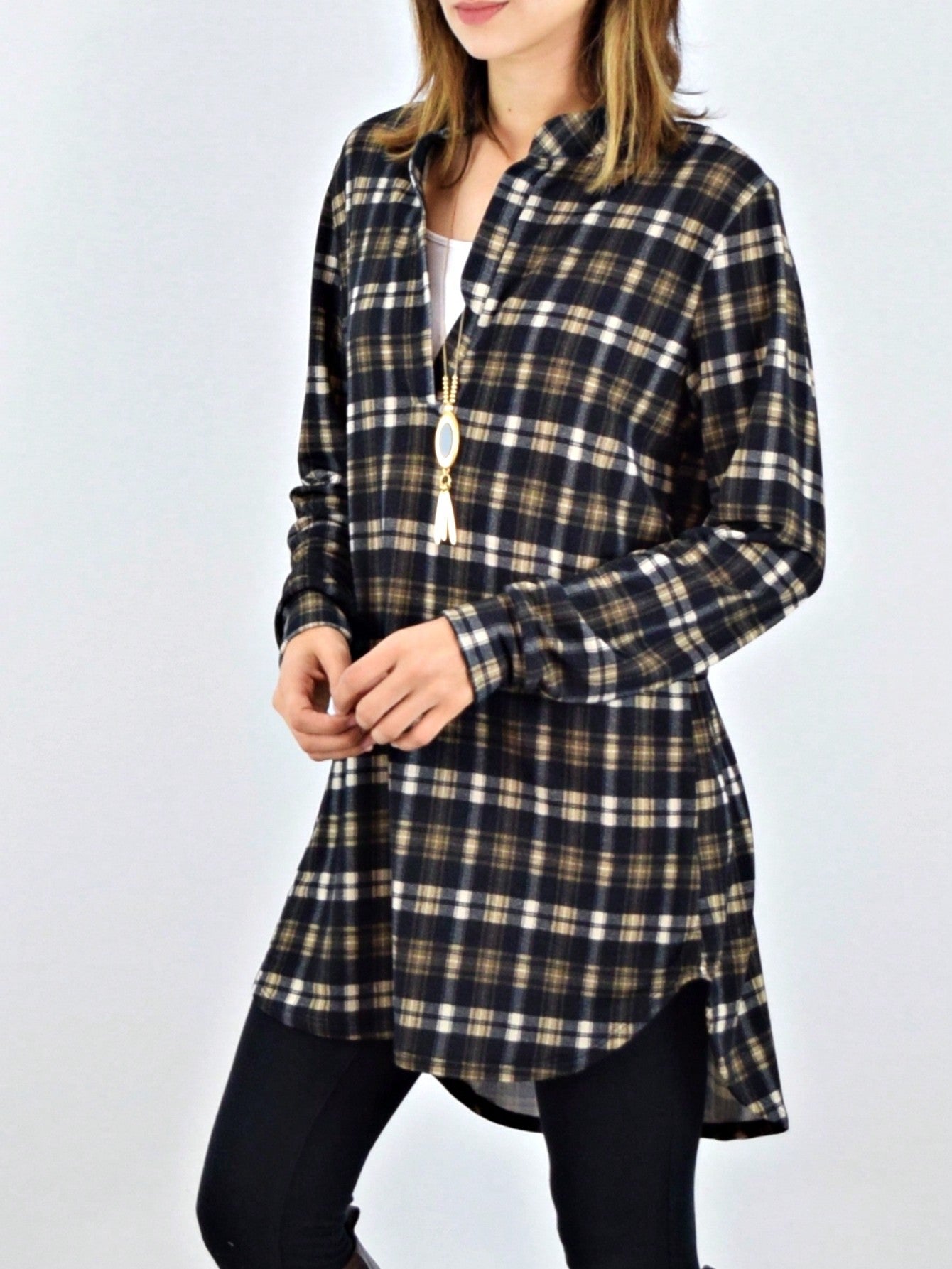 Boho Retro Stripe Plaid  Notch Neck Tab Sleeve  2K Shirt Tunic Shirt