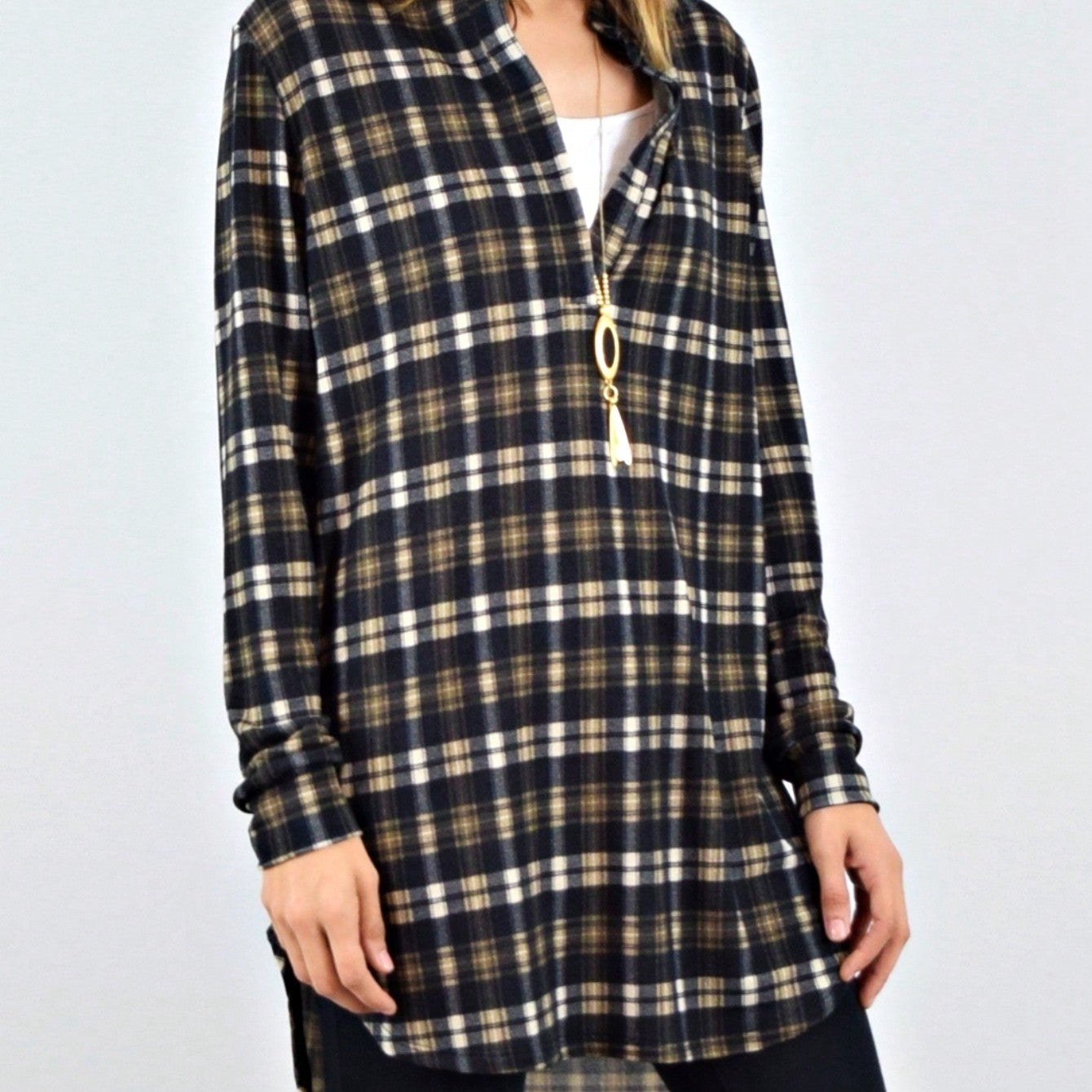Boho Retro Stripe Plaid  Notch Neck Tab Sleeve  2K Shirt Tunic Shirt