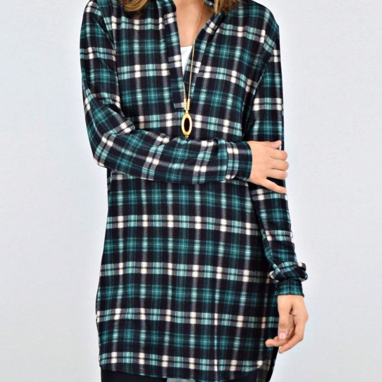 Boho Retro Stripe Plaid  Notch Neck Tab Sleeve  2K Shirt Tunic Shirt
