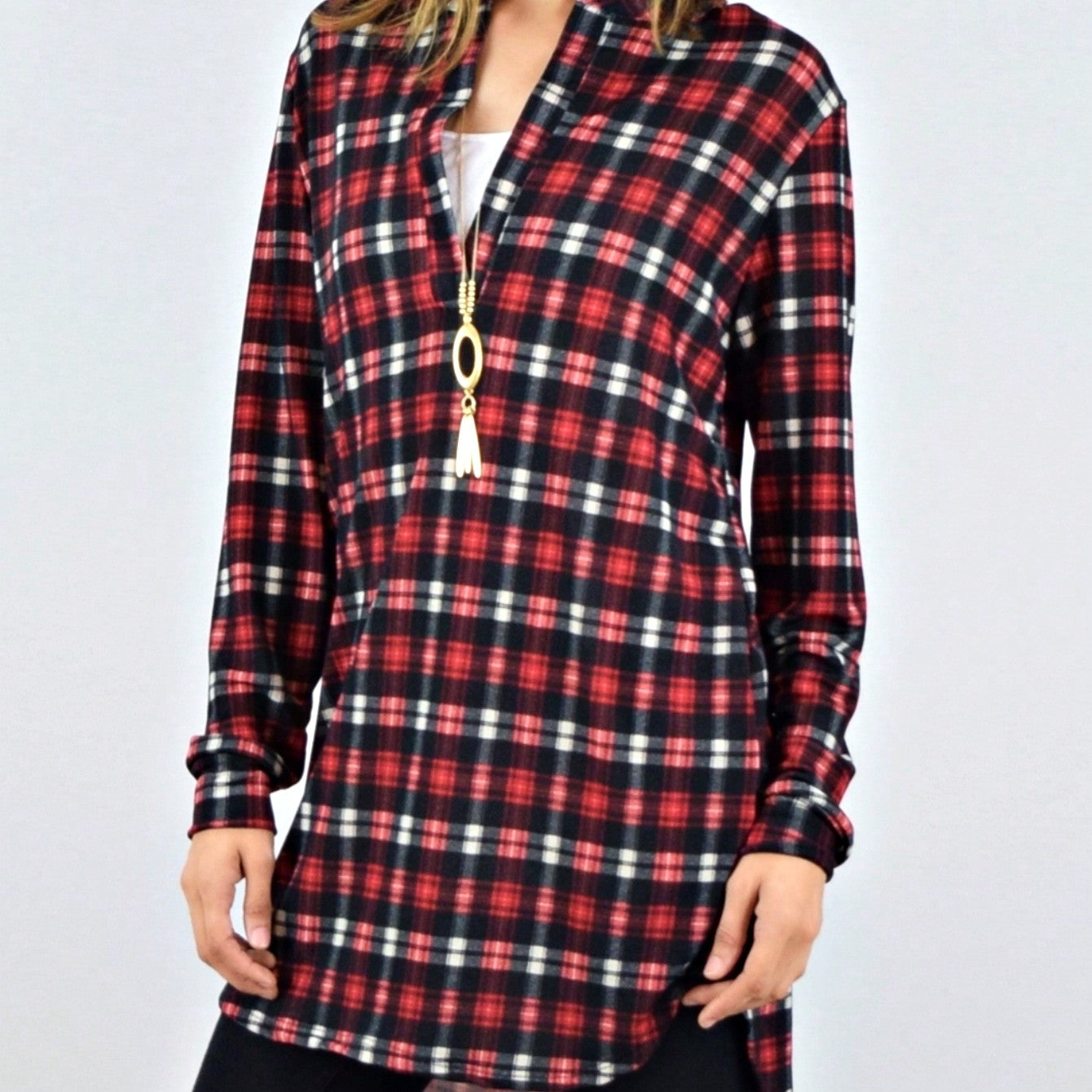 Boho Retro Stripe Plaid  Notch Neck Tab Sleeve  2K Shirt Tunic Shirt