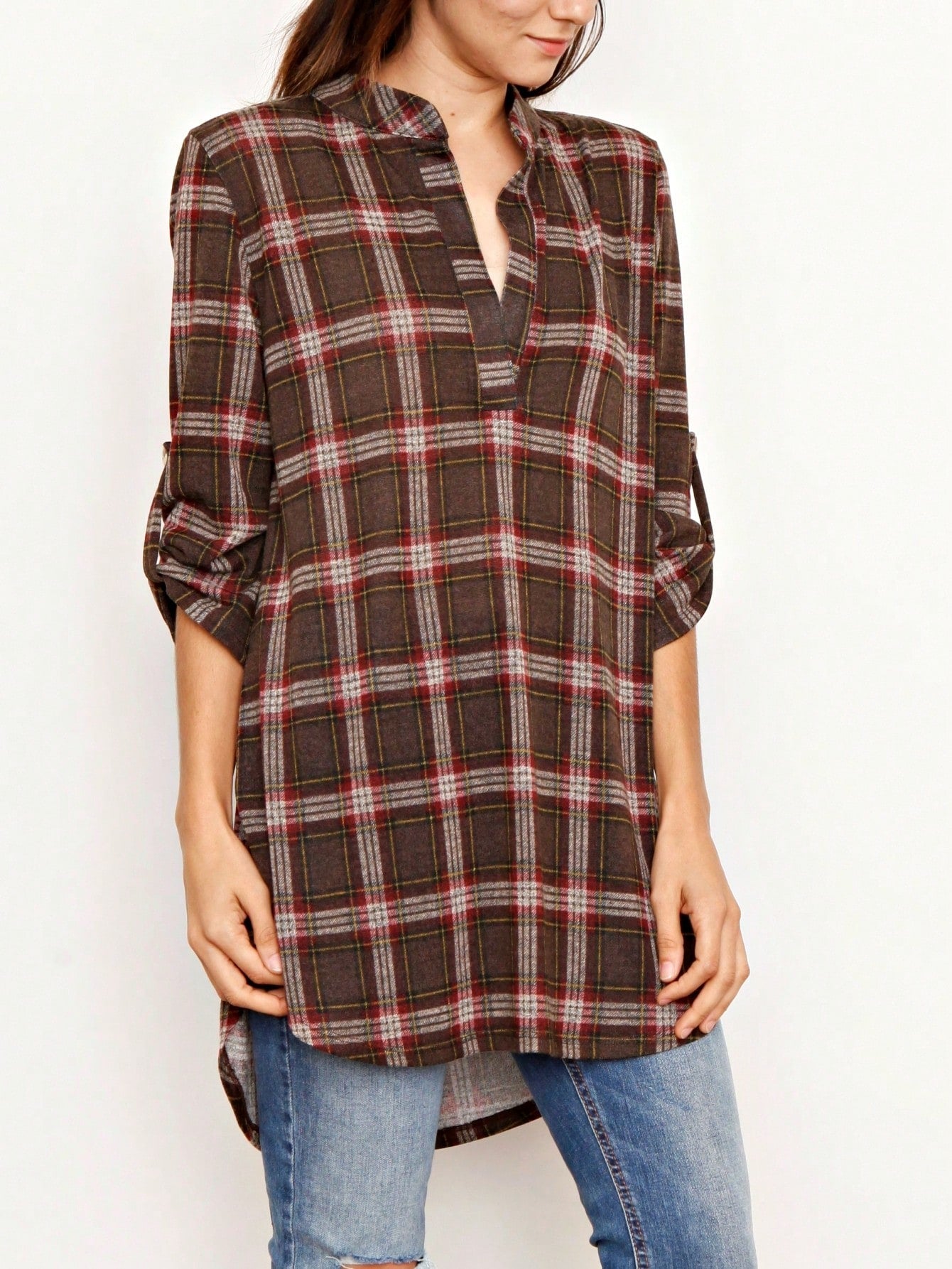 Boho Retro Stripe Plaid  Notch Neck Tab Sleeve  2K Shirt Tunic Shirt