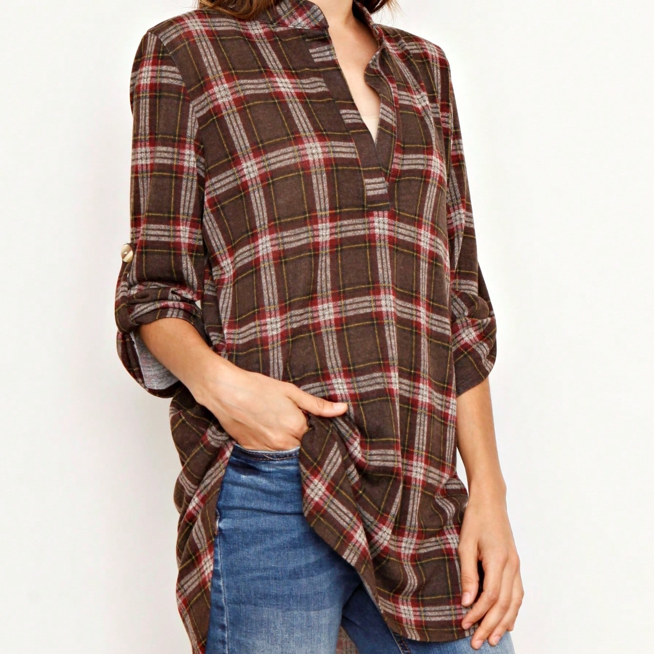 Boho Retro Stripe Plaid  Notch Neck Tab Sleeve  2K Shirt Tunic Shirt