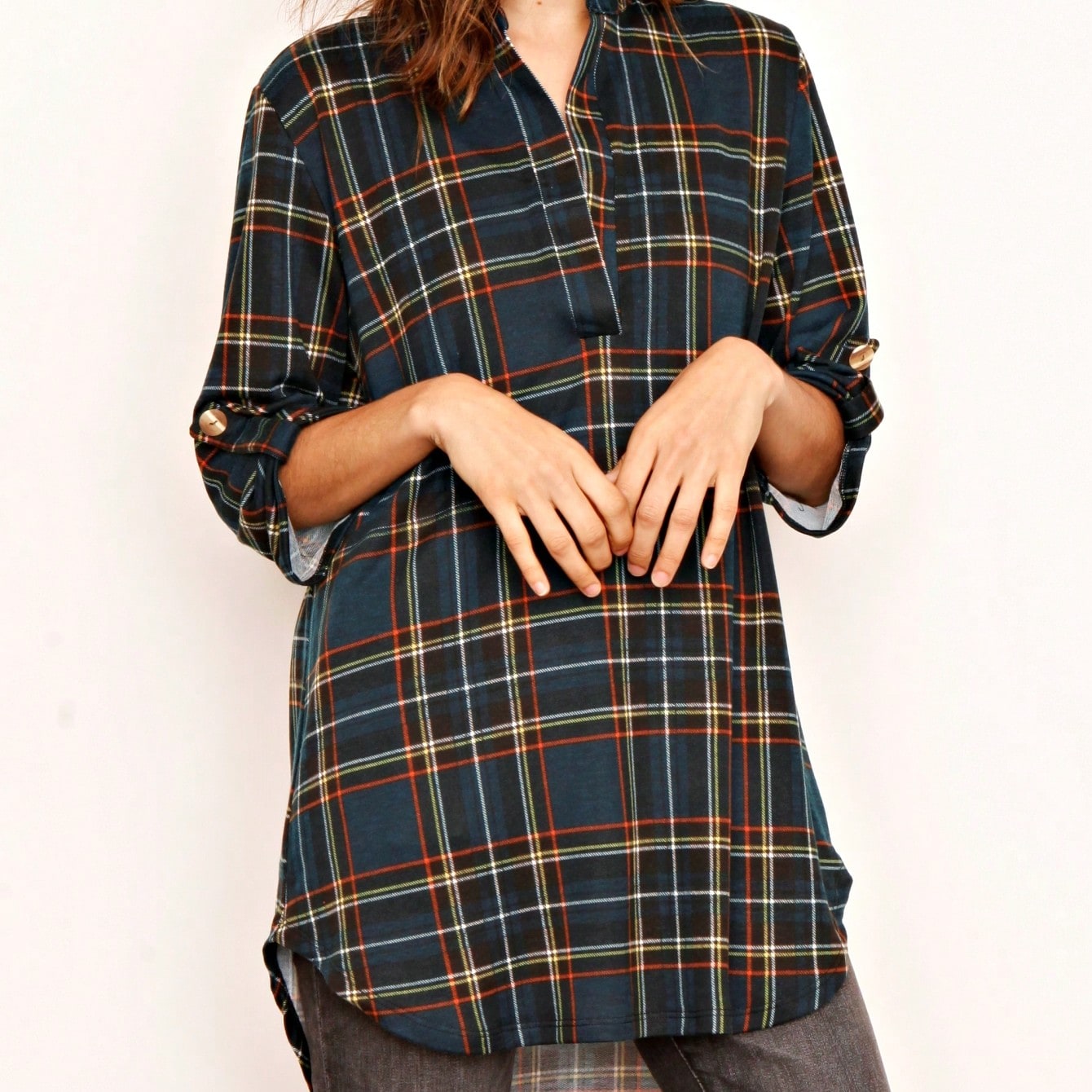 Boho Retro Stripe Plaid  Notch Neck Tab Sleeve  2K Shirt Tunic Shirt