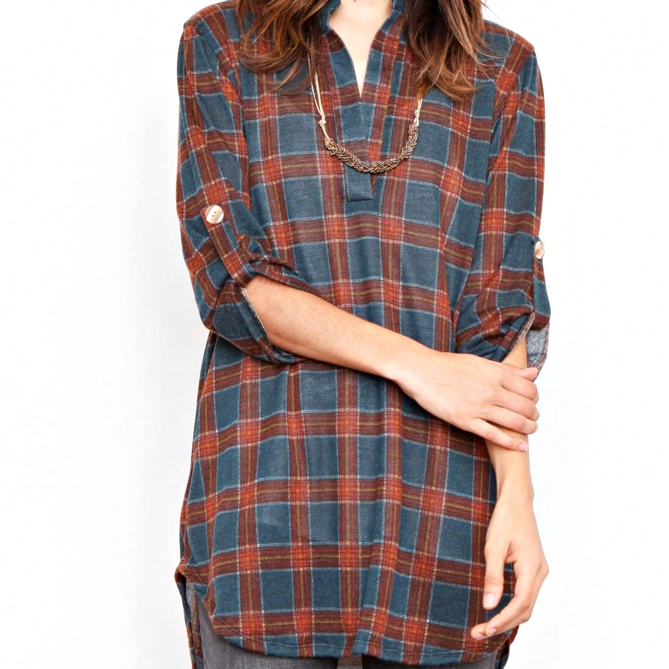 Boho Retro Stripe Plaid  Notch Neck Tab Sleeve  2K Shirt Tunic Shirt