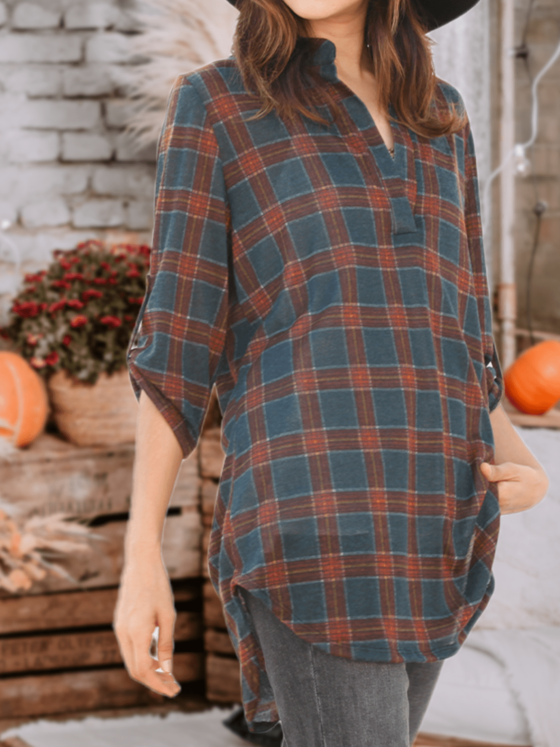 Boho Retro Stripe Plaid  Notch Neck Tab Sleeve  2K Shirt Tunic Shirt