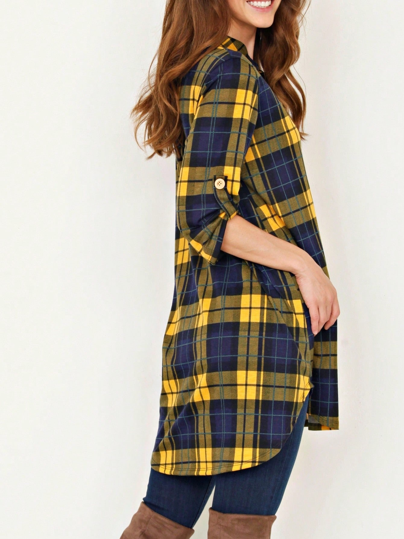 Boho Retro Stripe Plaid  Notch Neck Tab Sleeve  2K Shirt Tunic Shirt
