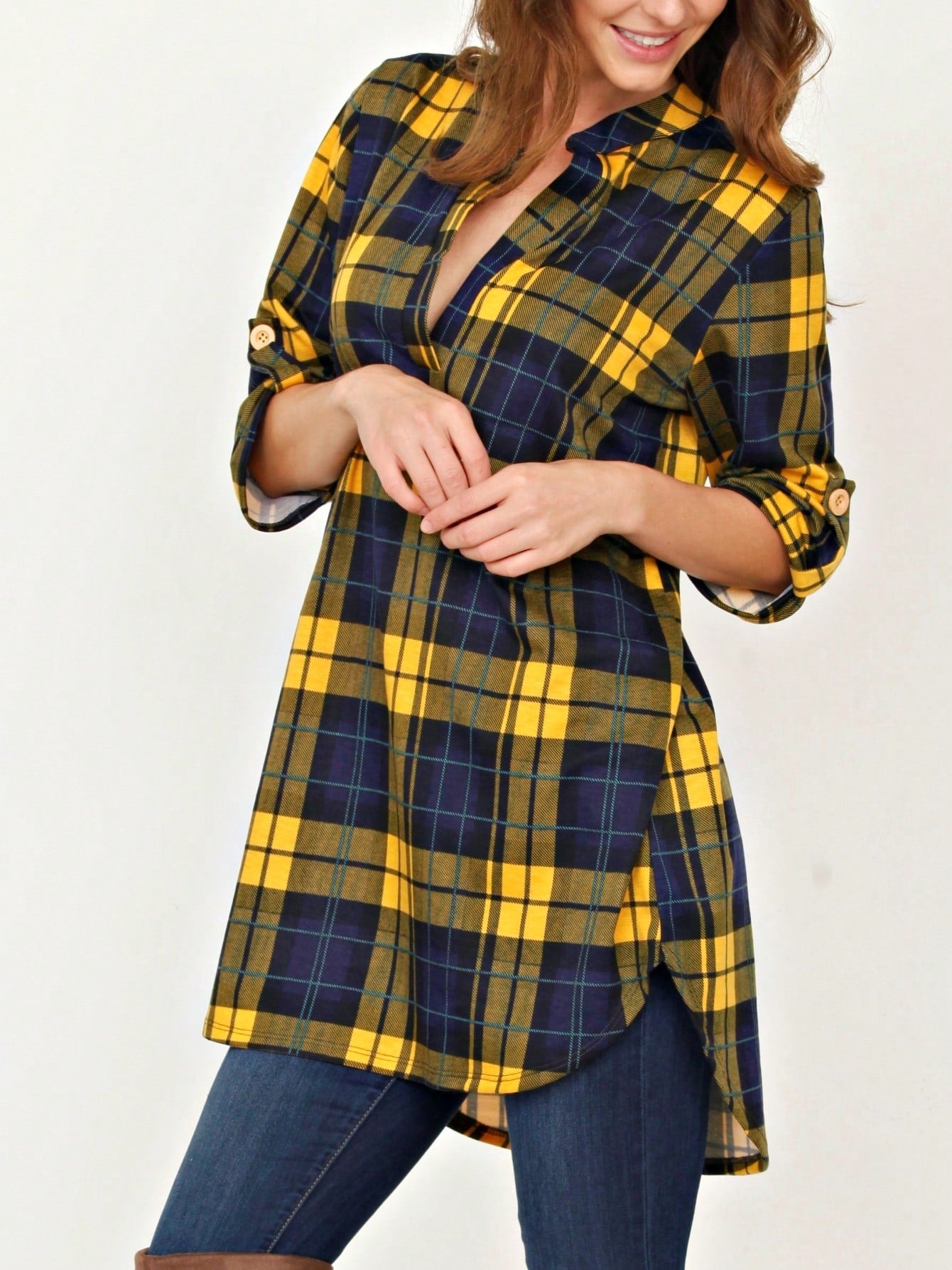 Boho Retro Stripe Plaid  Notch Neck Tab Sleeve  2K Shirt Tunic Shirt