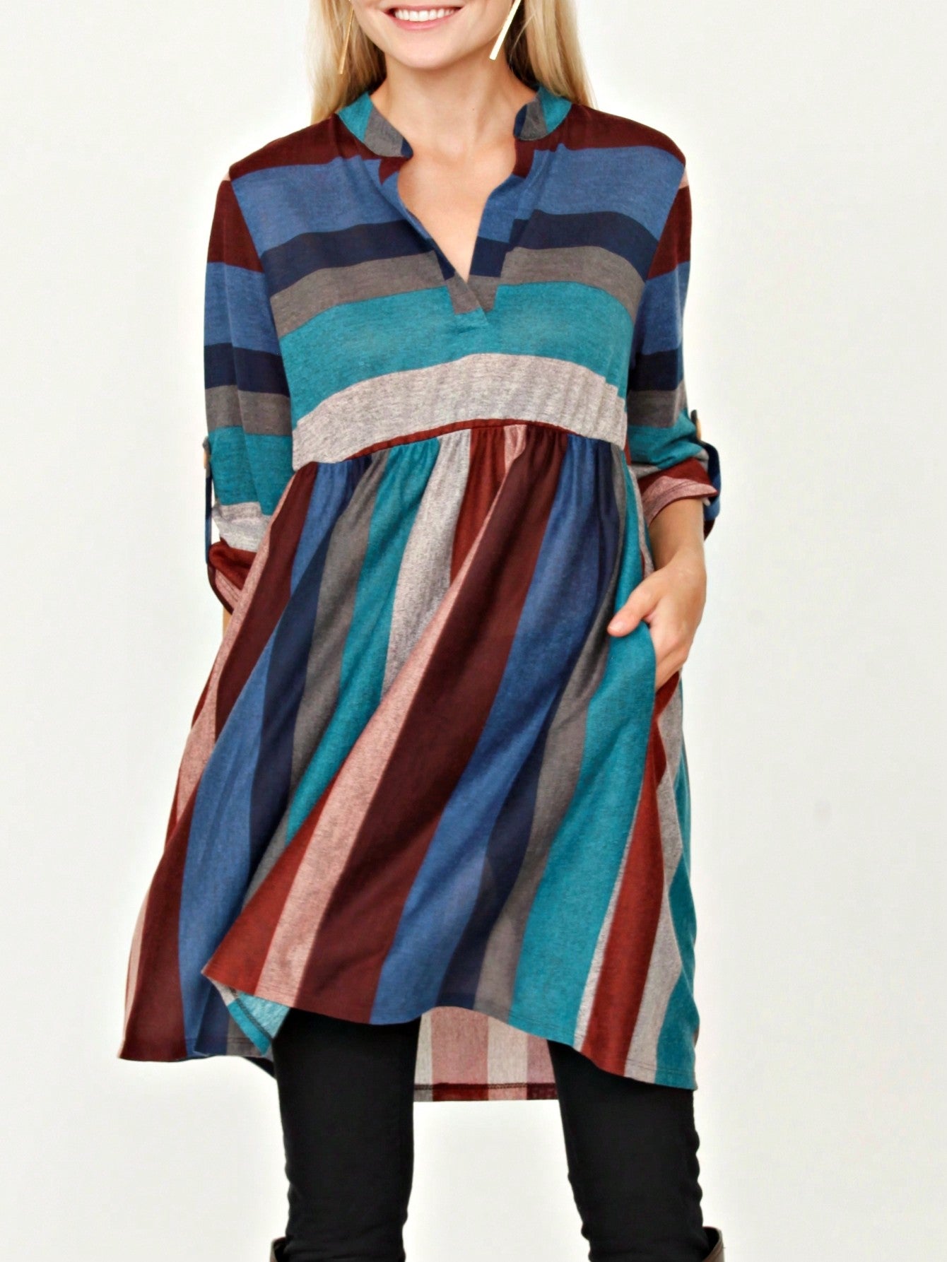 Boho Retro Stripe Plaid  Notch Neck Tab Sleeve  2K Shirt Tunic Shirt