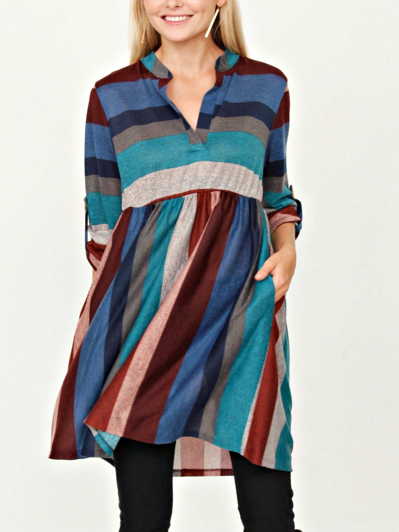 Boho Retro Stripe Plaid  Notch Neck Tab Sleeve  2K Shirt Tunic Shirt