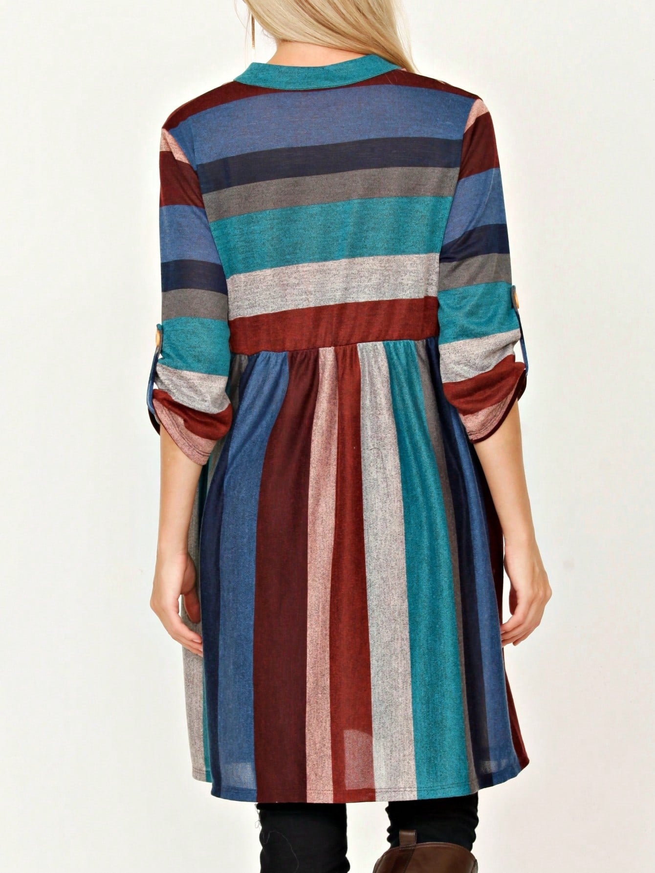 Boho Retro Stripe Plaid  Notch Neck Tab Sleeve  2K Shirt Tunic Shirt