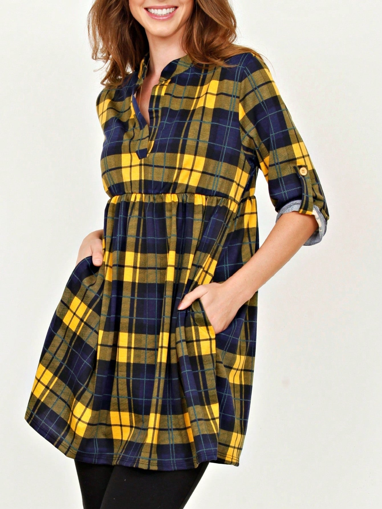Boho Retro Stripe Plaid  Notch Neck Tab Sleeve  2K Shirt Tunic Shirt