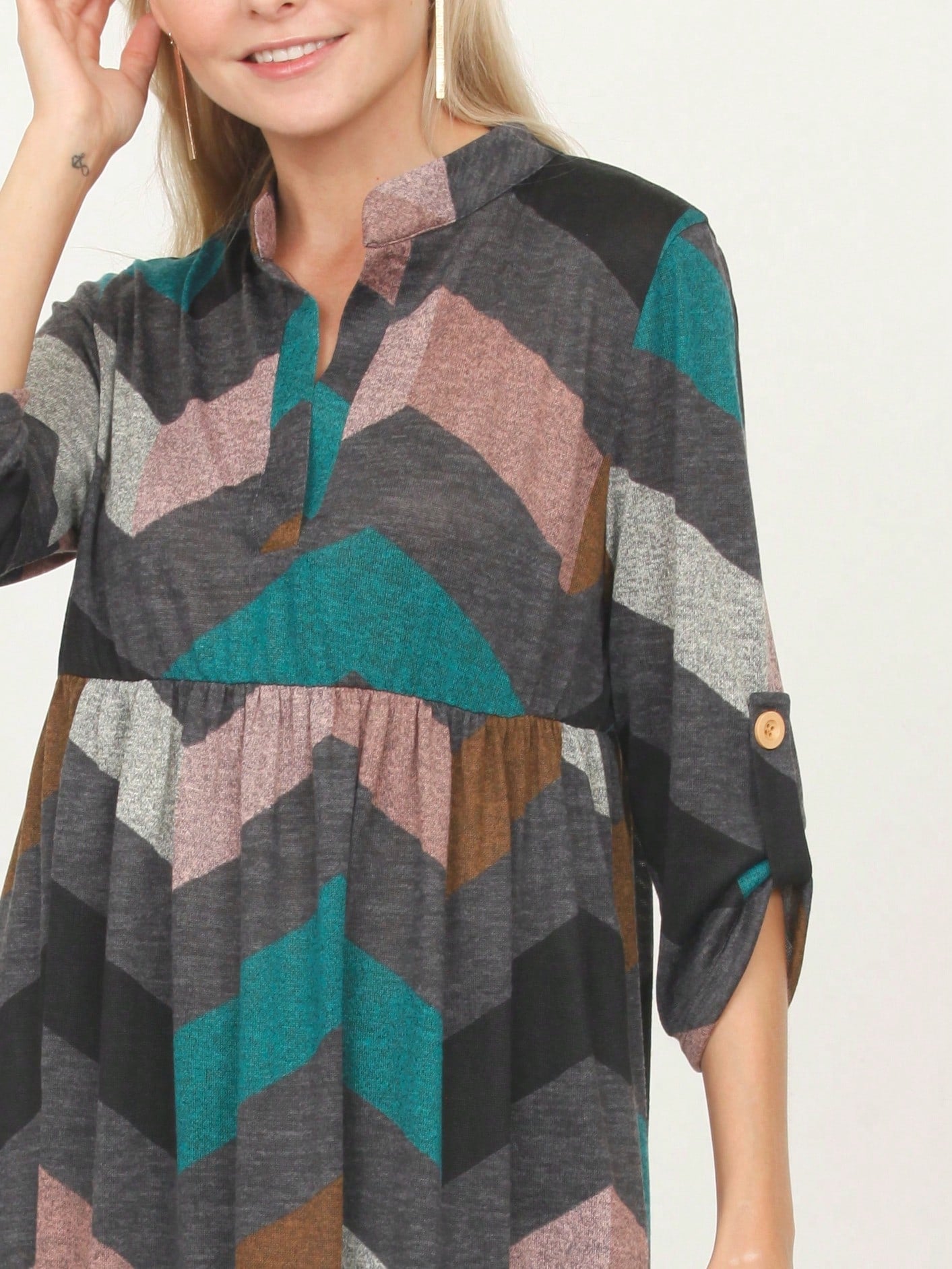 Boho Retro Stripe Plaid  Notch Neck Tab Sleeve  2K Shirt Tunic Shirt